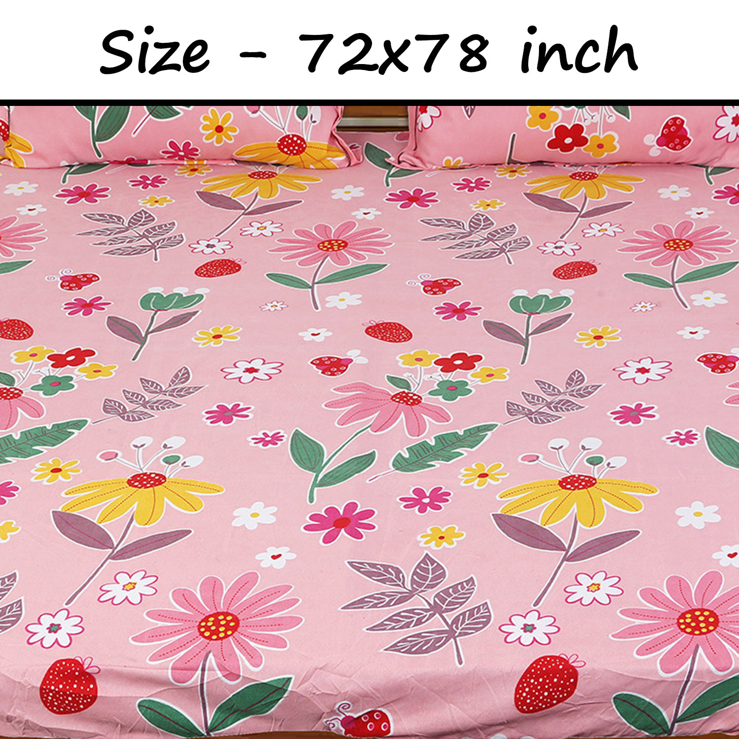 Kuber Industries Fitted Double Bedsheet|Floral Print Premium Glace Cotton Elastic Bedsheet With Two Pillow Covers,72 x 78 Inch(Pink)