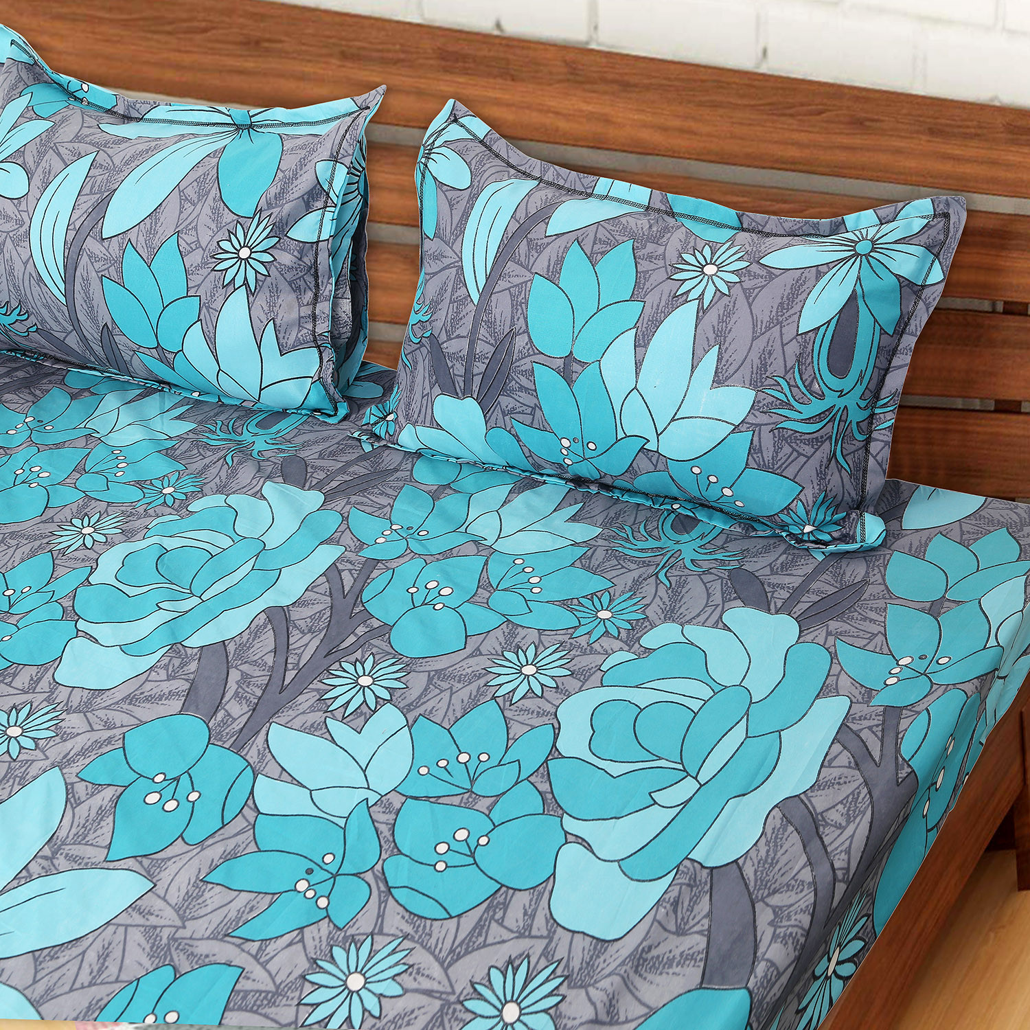 Kuber Industries Fitted Double Bedsheet|Flower Print Premium Glace Cotton Elastic Bedsheet With Two Pillow Covers,72 x 78 Inch(Green)