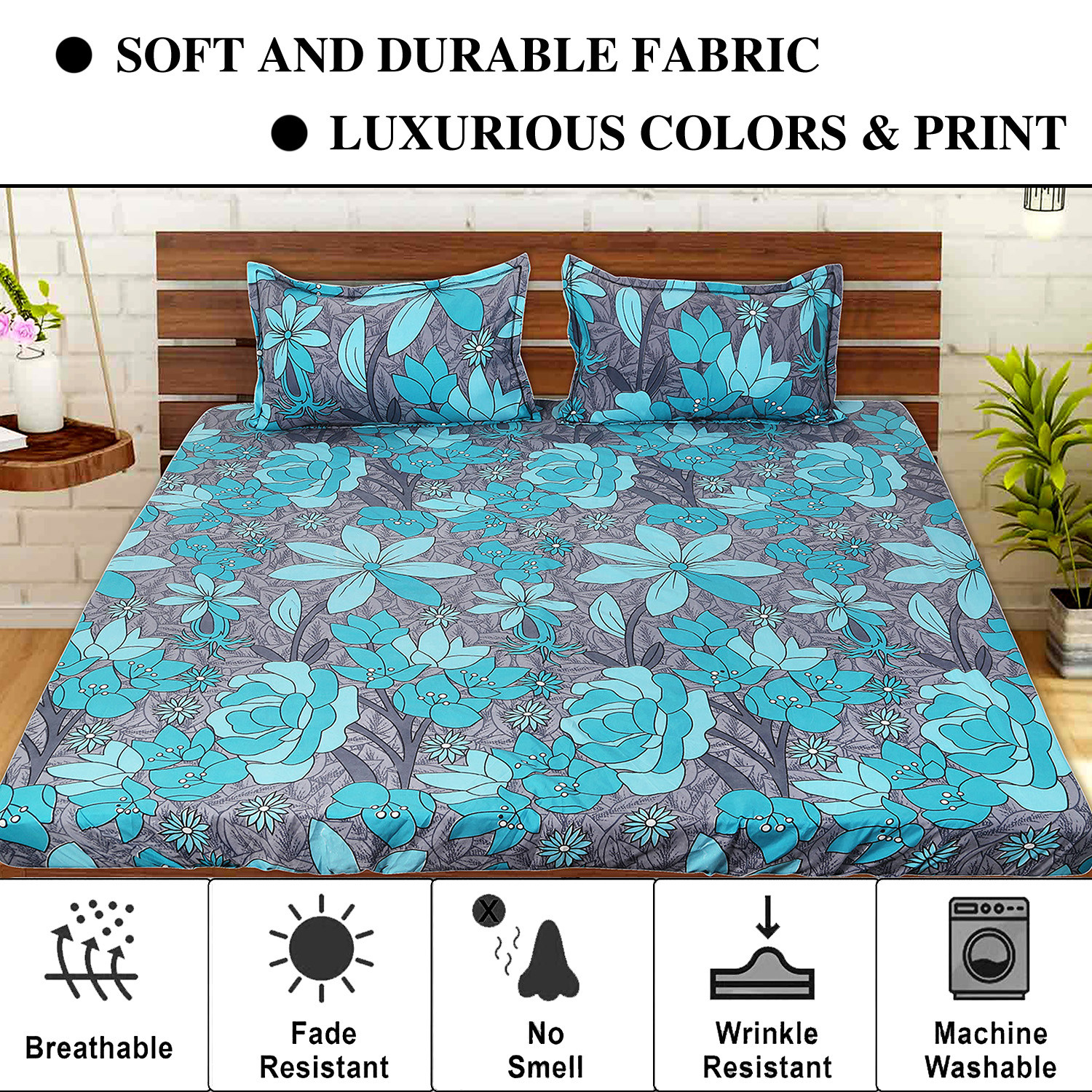 Kuber Industries Fitted Double Bedsheet|Flower Print Premium Glace Cotton Elastic Bedsheet With Two Pillow Covers,72 x 78 Inch(Green)