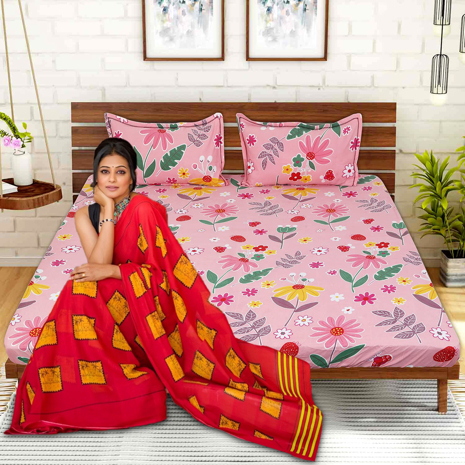 Kuber Industries Fitted Double Bedsheet|Glace Cotton Floral Print Bedsheet with 2 Pillow Covers for Living Room|Bedroom|6x6 Feet (Pink)
