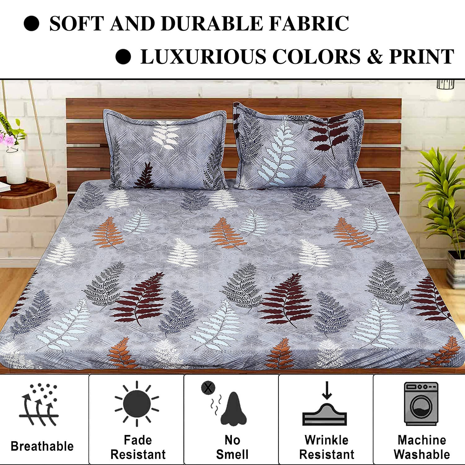 Kuber Industries Fitted Double Bedsheet|Glace Cotton Leaf Print Bedsheet with 2 Pillow Covers for Living Room|Bedroom|6x6 Feet (Gray)