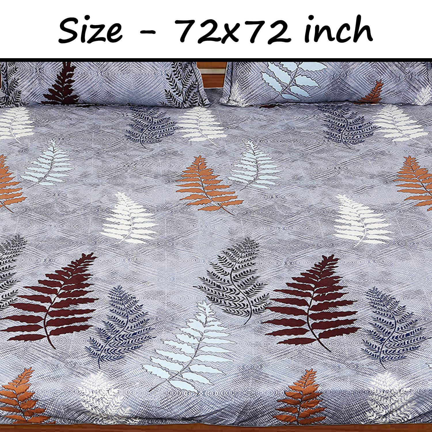 Kuber Industries Fitted Double Bedsheet|Glace Cotton Leaf Print Bedsheet with 2 Pillow Covers for Living Room|Bedroom|6x6 Feet (Gray)