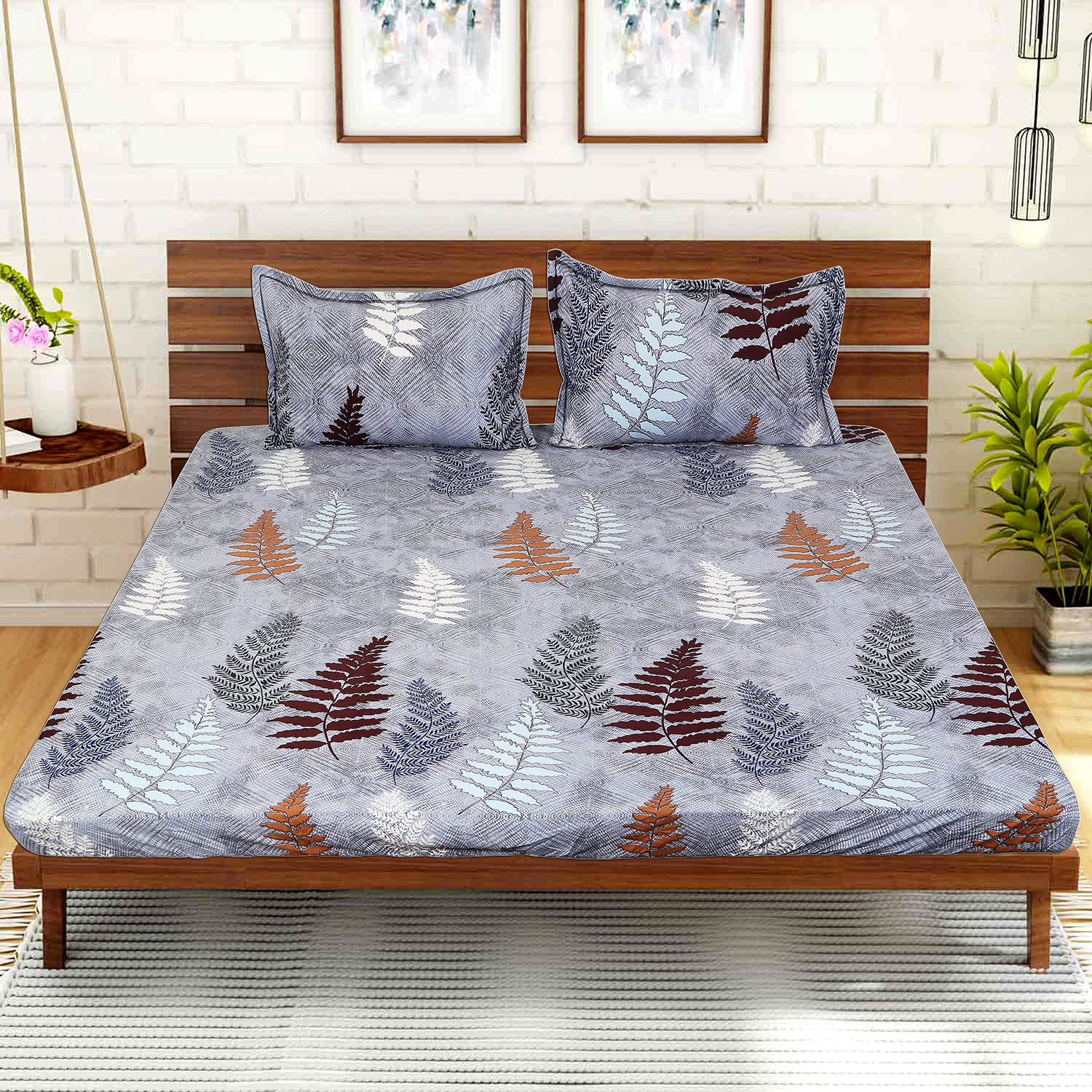 Kuber Industries Fitted Double Bedsheet|Leaf Print Premium Glace Cotton Elastic Bedsheet With Two Pillow Covers,72 x 78 Inch(Gray)