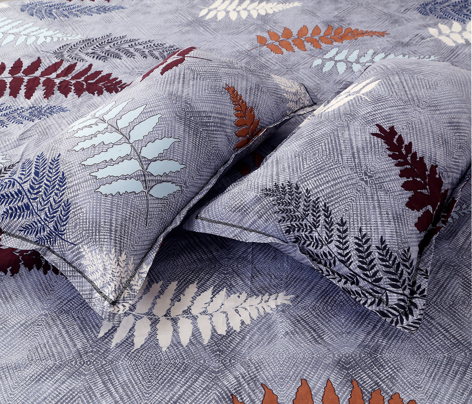 Kuber Industries Fitted Double Bedsheet|Leaf Print Premium Glace Cotton Elastic Bedsheet With Two Pillow Covers,72 x 78 Inch(Gray)
