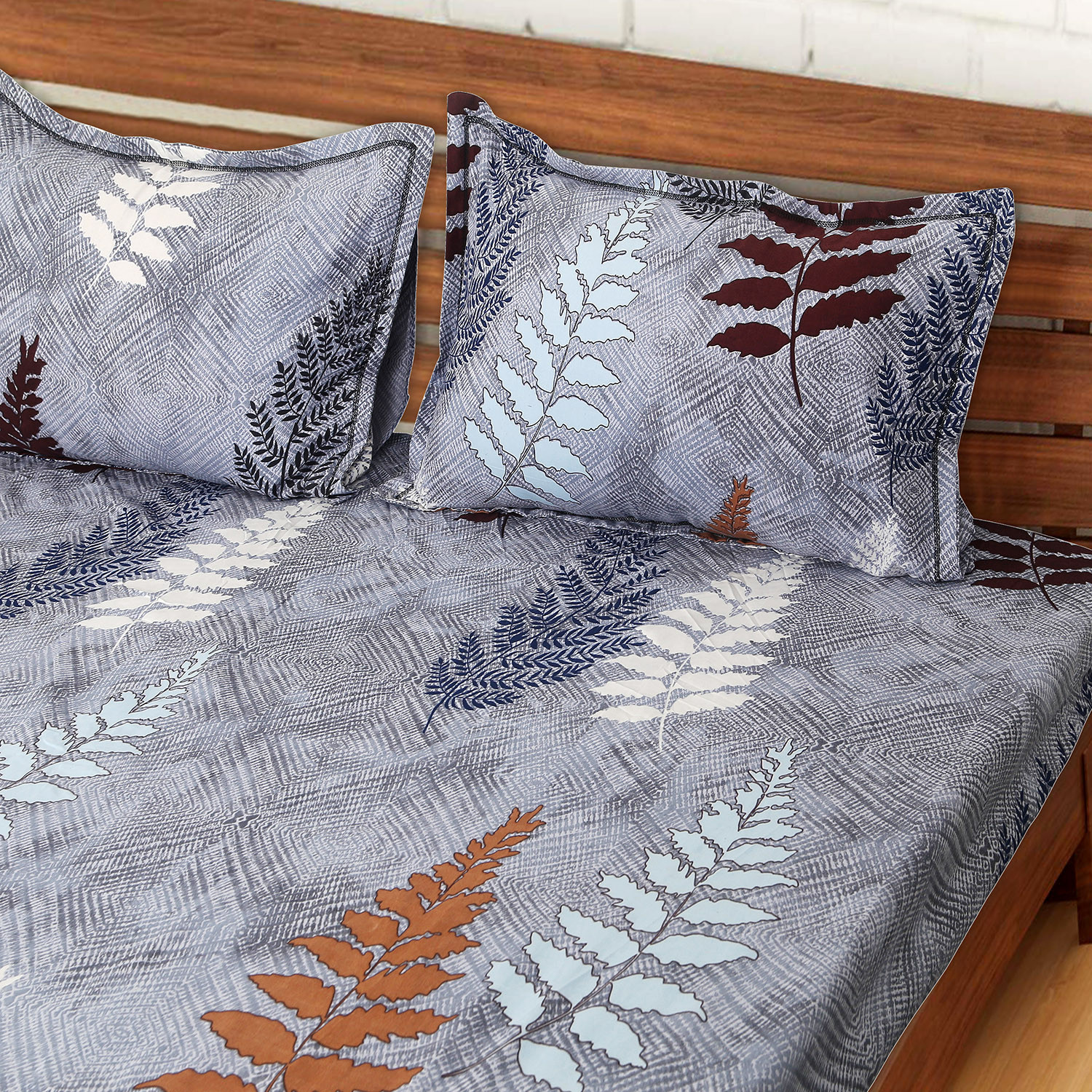 Kuber Industries Fitted Double Bedsheet|Leaf Print Premium Glace Cotton Elastic Bedsheet With Two Pillow Covers,72 x 78 Inch(Gray)