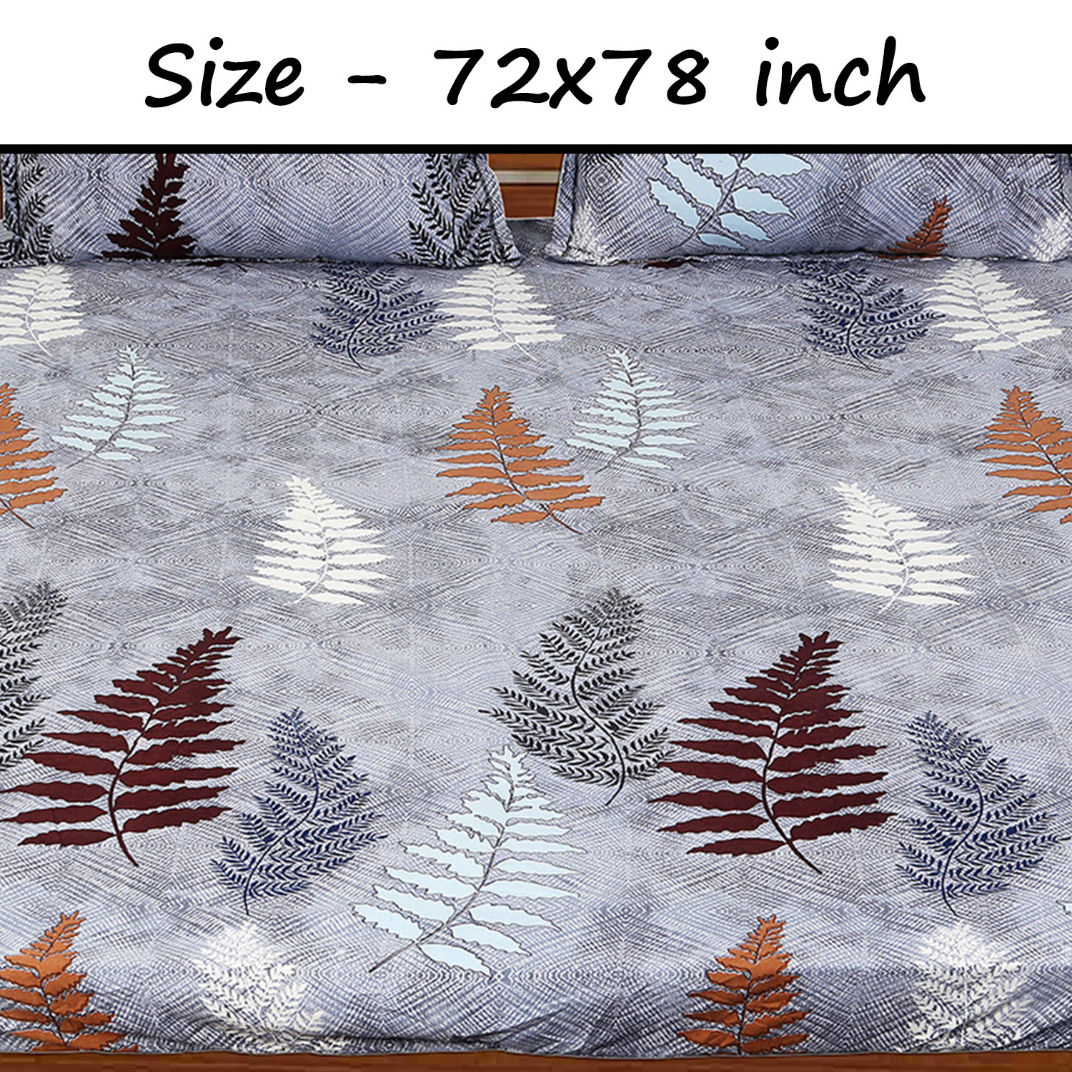 Kuber Industries Fitted Double Bedsheet|Leaf Print Premium Glace Cotton Elastic Bedsheet With Two Pillow Covers,72 x 78 Inch(Gray)
