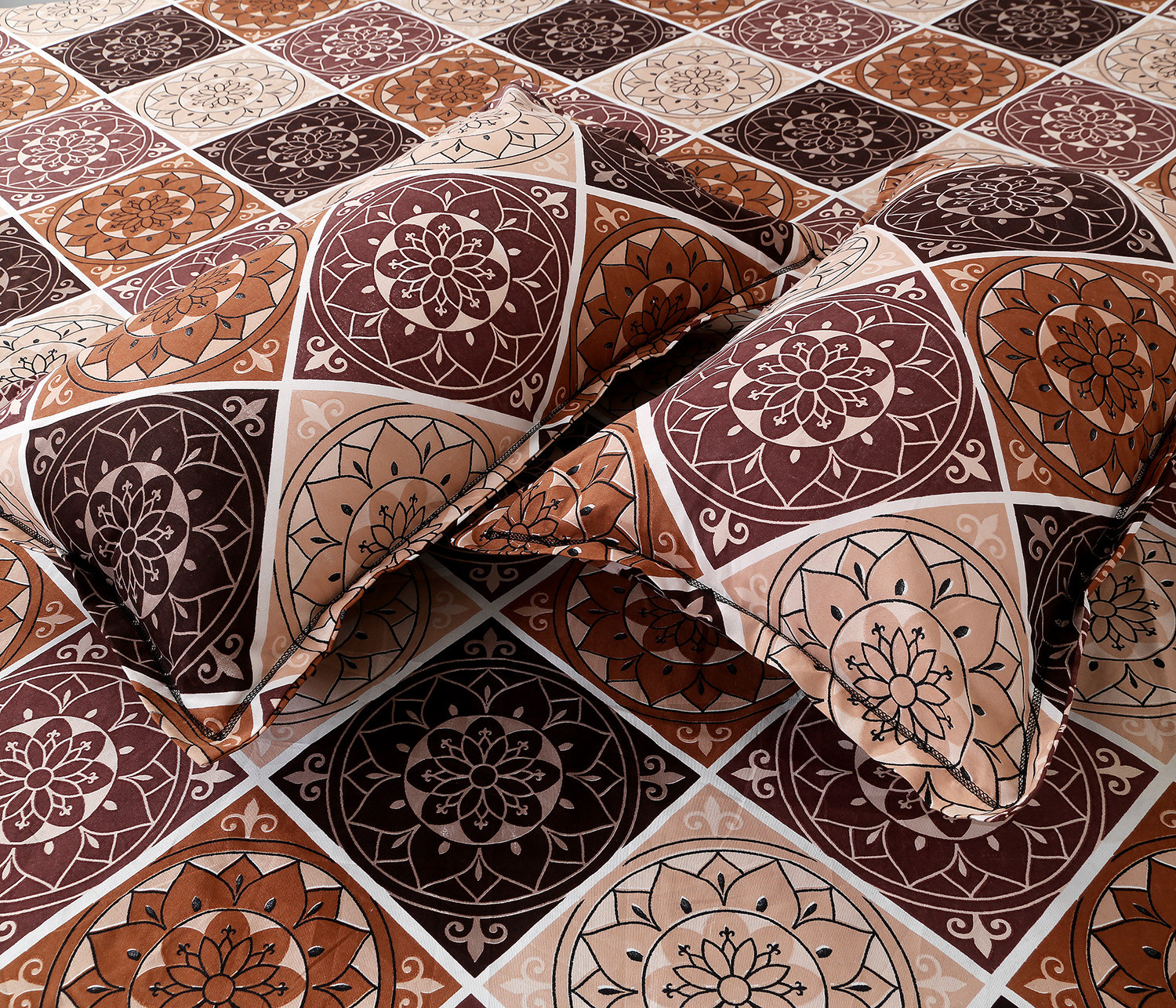 Kuber Industries Fitted Double Bedsheet|Rangoli Print Premium Glace Cotton Elastic Bedsheet With Two Pillow Covers,72 x 78 Inch(Brown)
