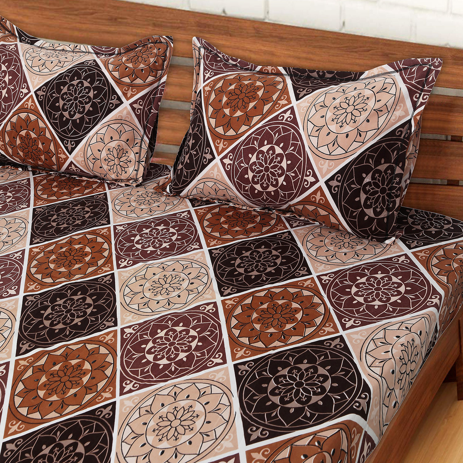 Kuber Industries Fitted Double Bedsheet|Rangoli Print Premium Glace Cotton Elastic Bedsheet With Two Pillow Covers,72 x 78 Inch(Brown)