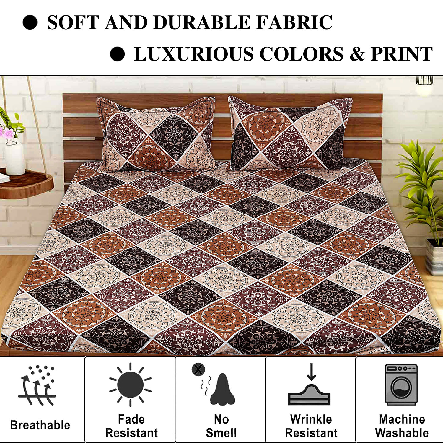 Kuber Industries Fitted Double Bedsheet|Rangoli Print Premium Glace Cotton Elastic Bedsheet With Two Pillow Covers,72 x 78 Inch(Brown)