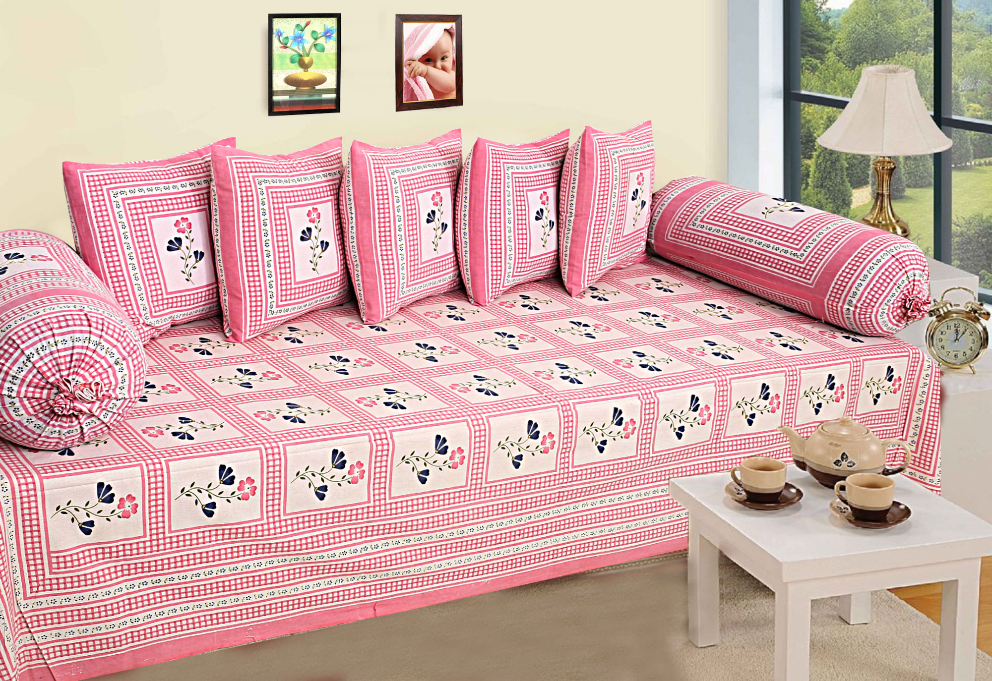 Kuber Industries Floral Design Border Cotton Diwan Set With 8 Pieces (Pink)