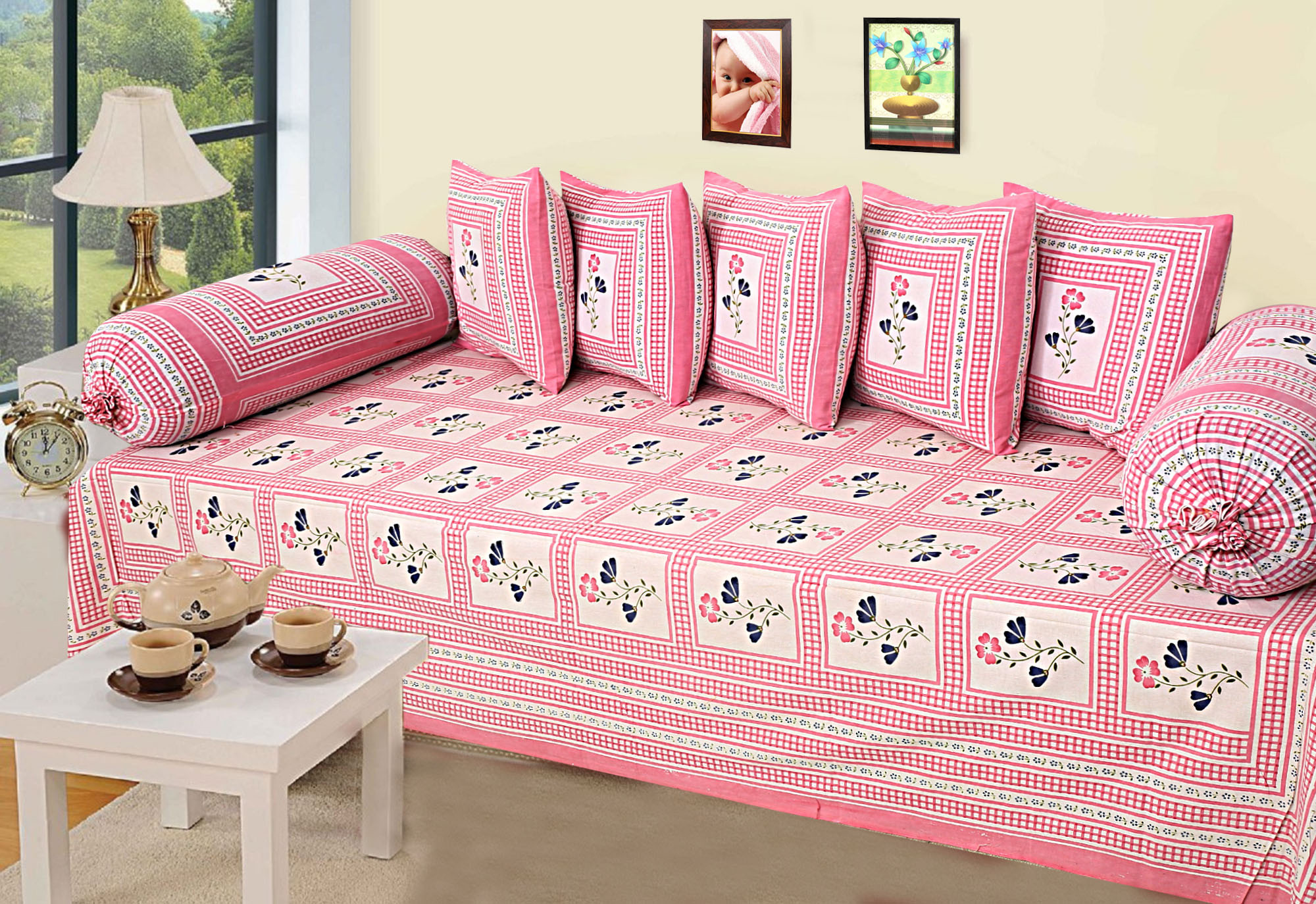 Kuber Industries Floral Design Border Cotton Diwan Set With 8 Pieces (Pink)