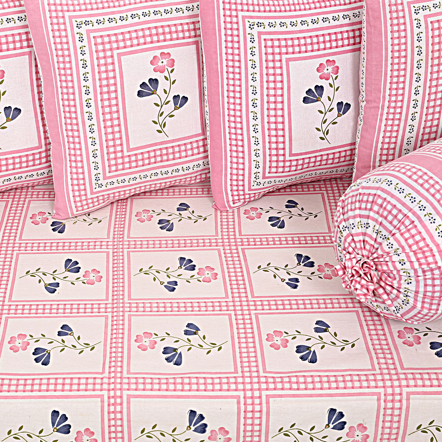 Kuber Industries Floral Design Border Cotton Diwan Set With 8 Pieces (Pink)