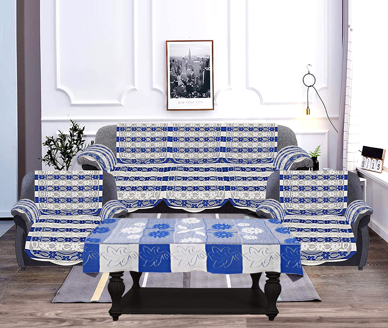 Kuber Industries Floral Design Cotton 5 Seater Sofa Cover Set with 6 Pieces Arms cover And 1 Center Table Cover (Set Of 17,Blue )-KUBMRT12044