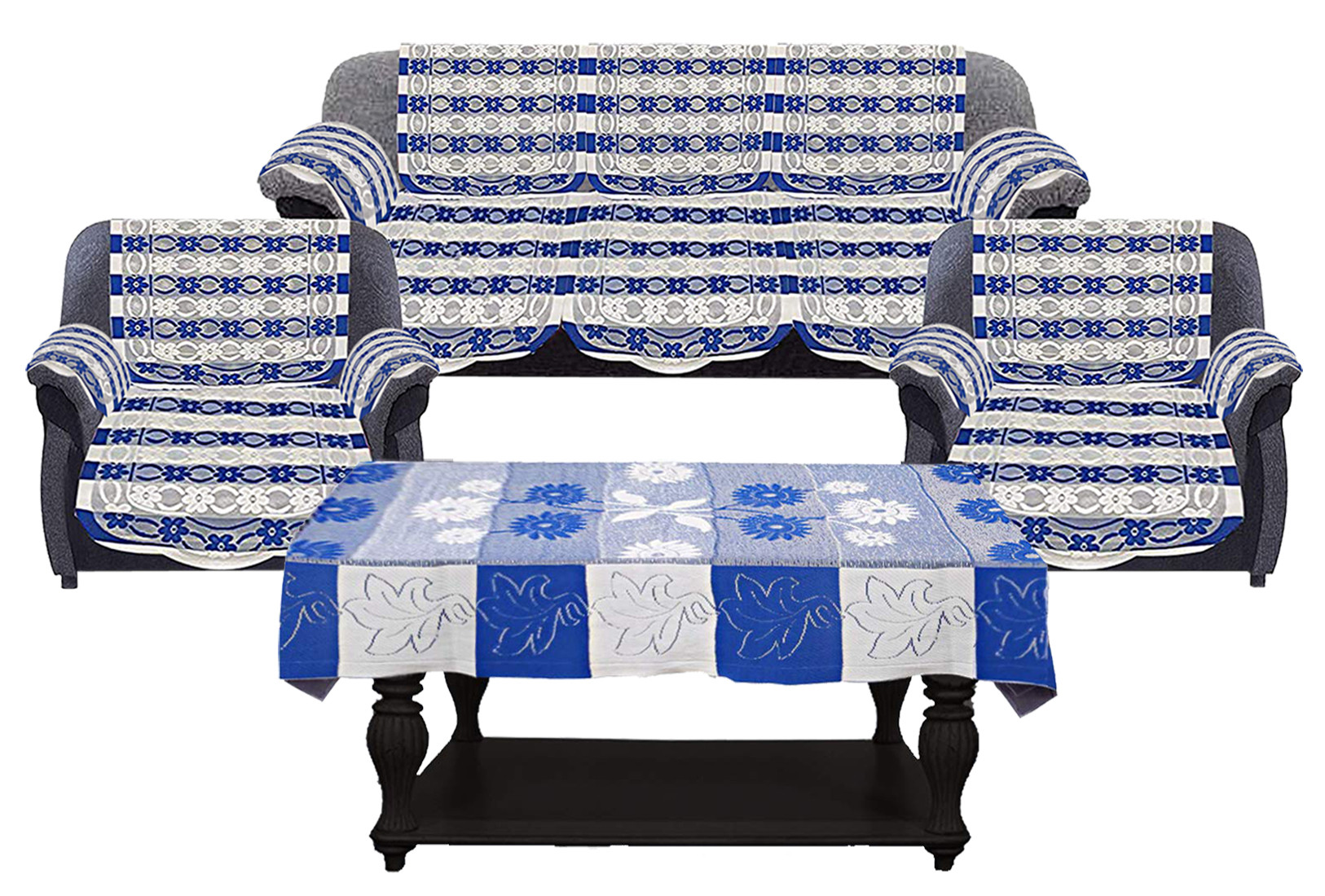 Kuber Industries Floral Design Cotton 5 Seater Sofa Cover Set with 6 Pieces Arms cover And 1 Center Table Cover (Set Of 17,Blue )-KUBMRT12044