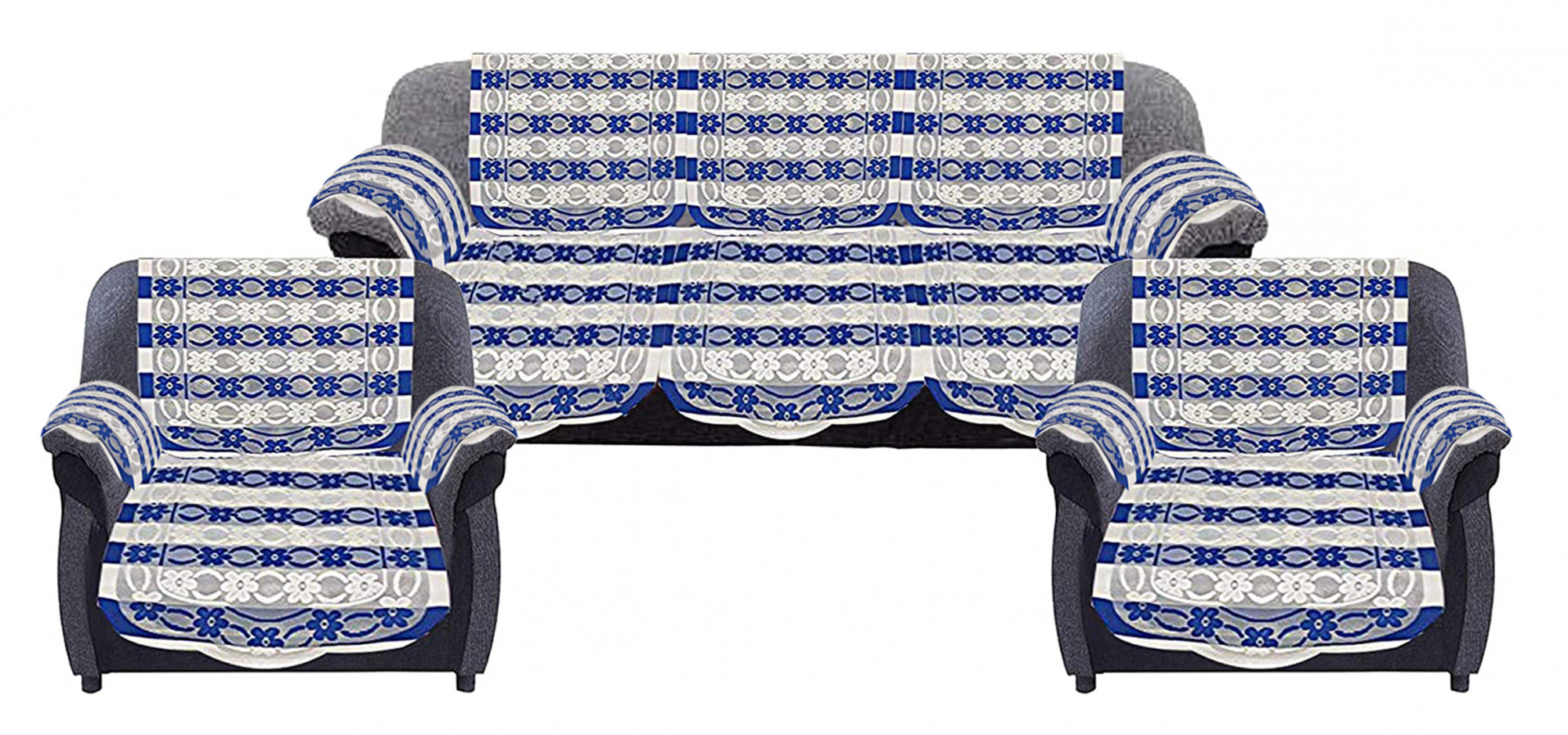Kuber Industries Floral Design Cotton 5 Seater Sofa Cover Set with 6 Pieces Arms cover And 1 Center Table Cover (Set Of 17,Blue )-KUBMRT12044