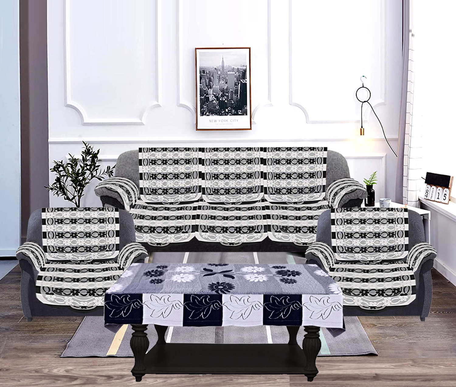 Kuber Industries Floral Design Cotton 5 Seater Sofa Cover Set with 6 Pieces Arms cover And 1 Center Table Cover (Set Of 17,Black )-KUBMRT12046