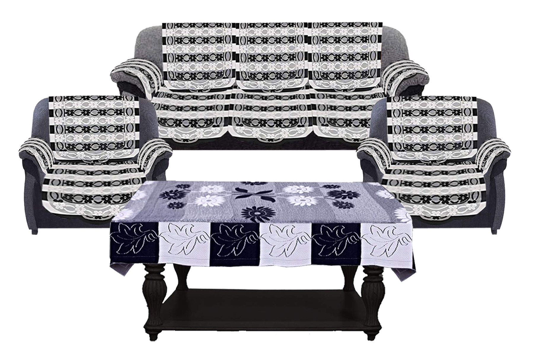Kuber Industries Floral Design Cotton 5 Seater Sofa Cover Set with 6 Pieces Arms cover And 1 Center Table Cover (Set Of 17,Black )-KUBMRT12046