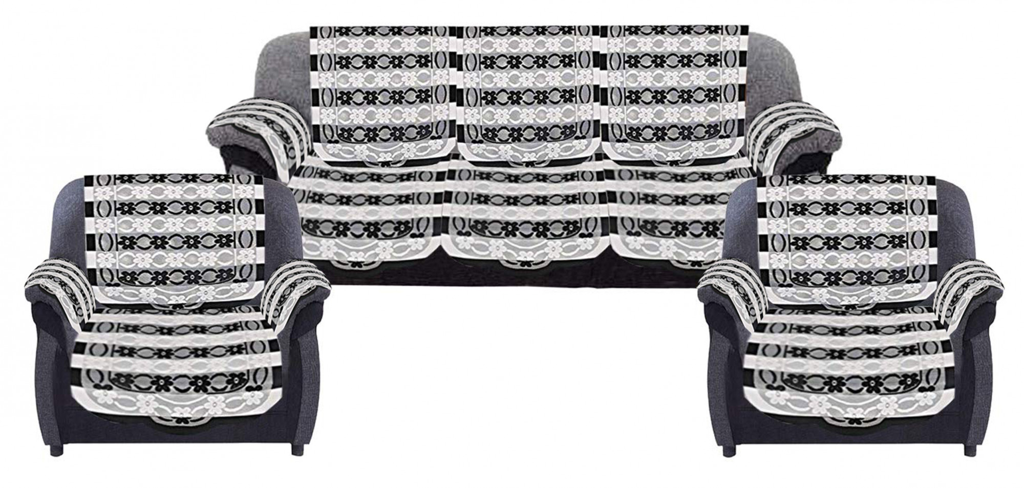 Kuber Industries Floral Design Cotton 5 Seater Sofa Cover Set with 6 Pieces Arms cover And 1 Center Table Cover (Set Of 17,Black )-KUBMRT12046