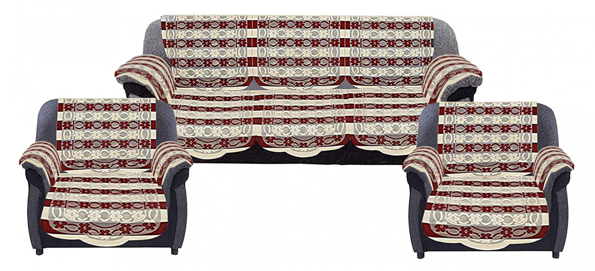 Kuber Industries Floral Design Cotton 5 Seater Sofa Cover With 6 Pieces Arms cover And 1 Center Table Cover Use Both Side, Living Room, Drawing Room, Bedroom, Guest Room (Set Of17, Maroon)-KUBMRT12041