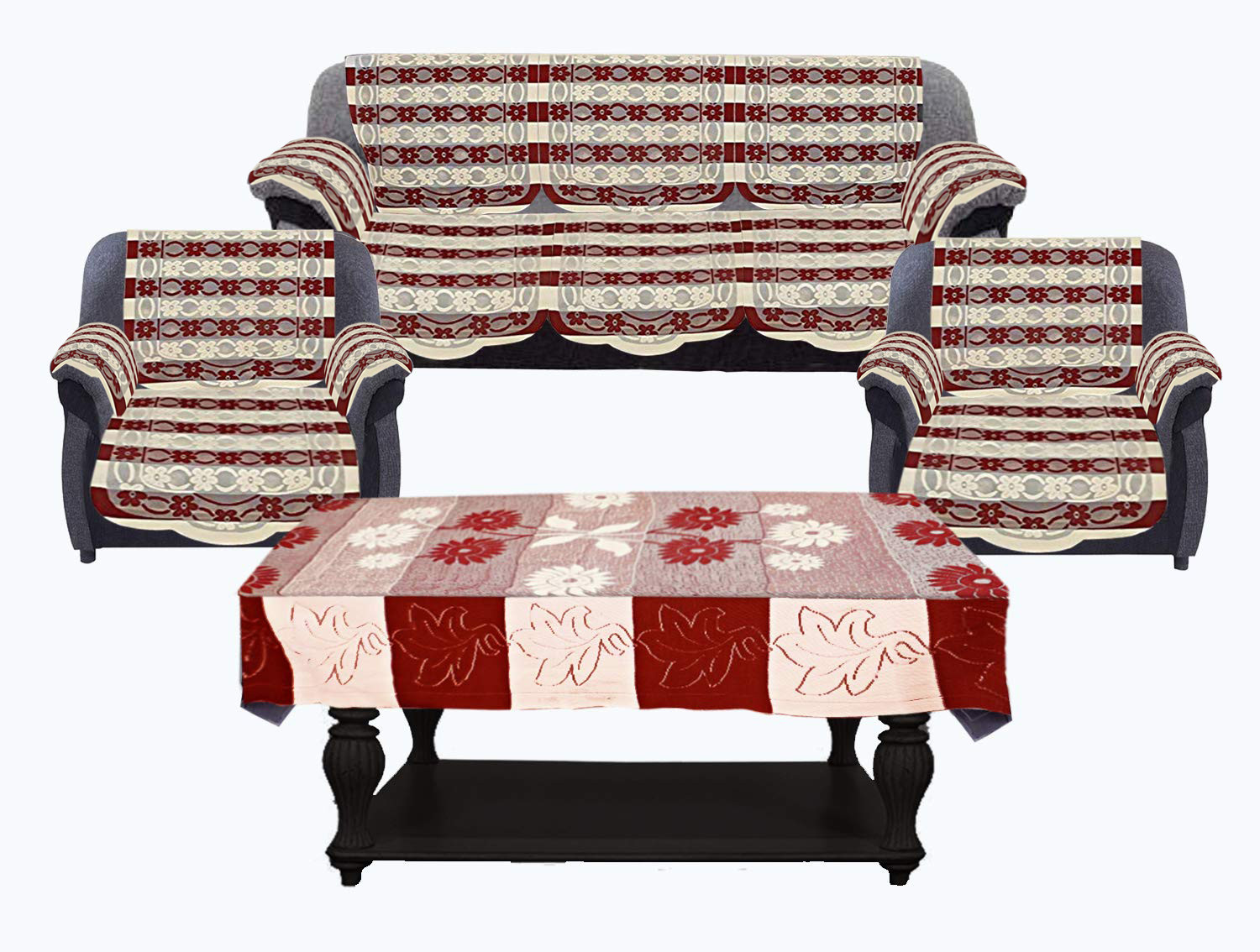 Kuber Industries Floral Design Cotton 5 Seater Sofa Cover With 6 Pieces Arms cover And 1 Center Table Cover Use Both Side, Living Room, Drawing Room, Bedroom, Guest Room (Set Of17, Maroon)-KUBMRT12041