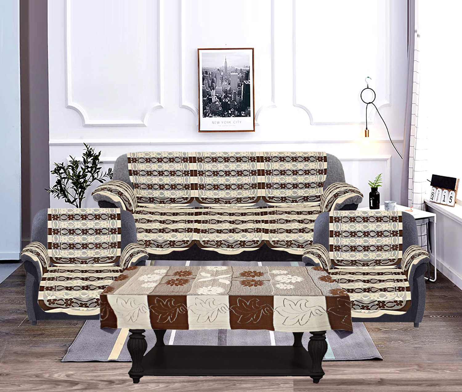 Kuber Industries Floral Design Cotton 5 Seater Sofa Cover With 6 Pieces Arms cover And 1 Center Table Cover Use Both Side, Living Room, Drawing Room, Bedroom, Guest Room (Set Of17, Brown)-KUBMRT12047
