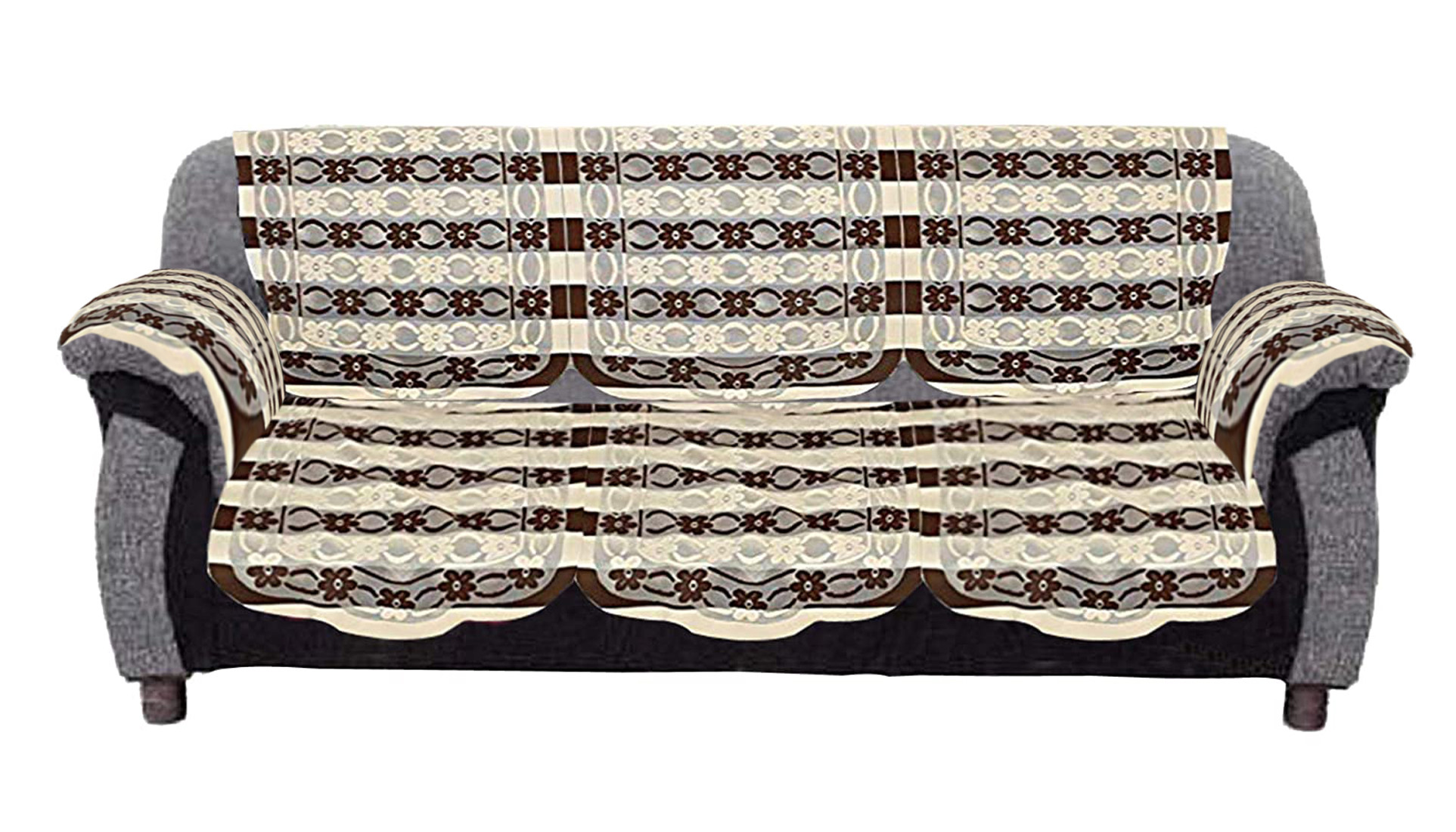 Kuber Industries Floral Design Cotton 5 Seater Sofa Cover With 6 Pieces Arms cover And 1 Center Table Cover Use Both Side, Living Room, Drawing Room, Bedroom, Guest Room (Set Of17, Brown)-KUBMRT12047