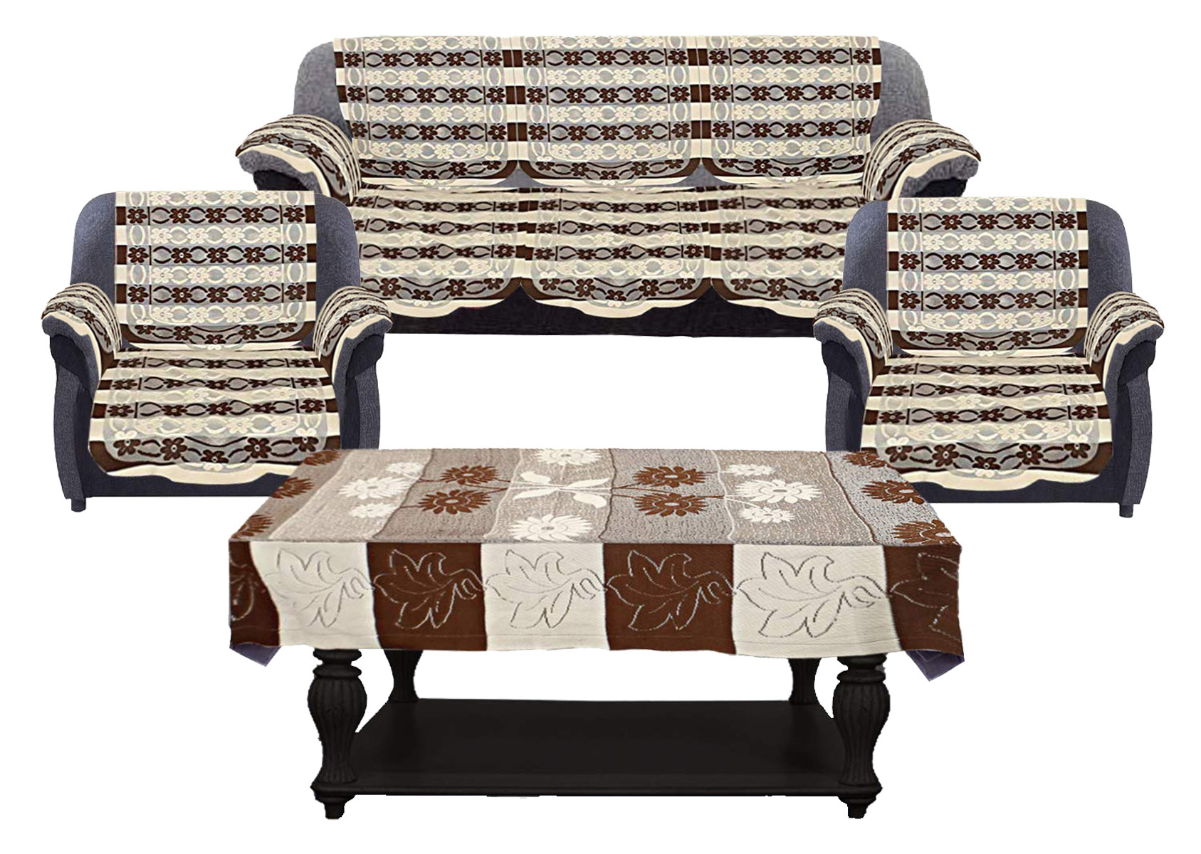 Kuber Industries Floral Design Cotton 5 Seater Sofa Cover With 6 Pieces Arms cover And 1 Center Table Cover Use Both Side, Living Room, Drawing Room, Bedroom, Guest Room (Set Of17, Brown)-KUBMRT12047