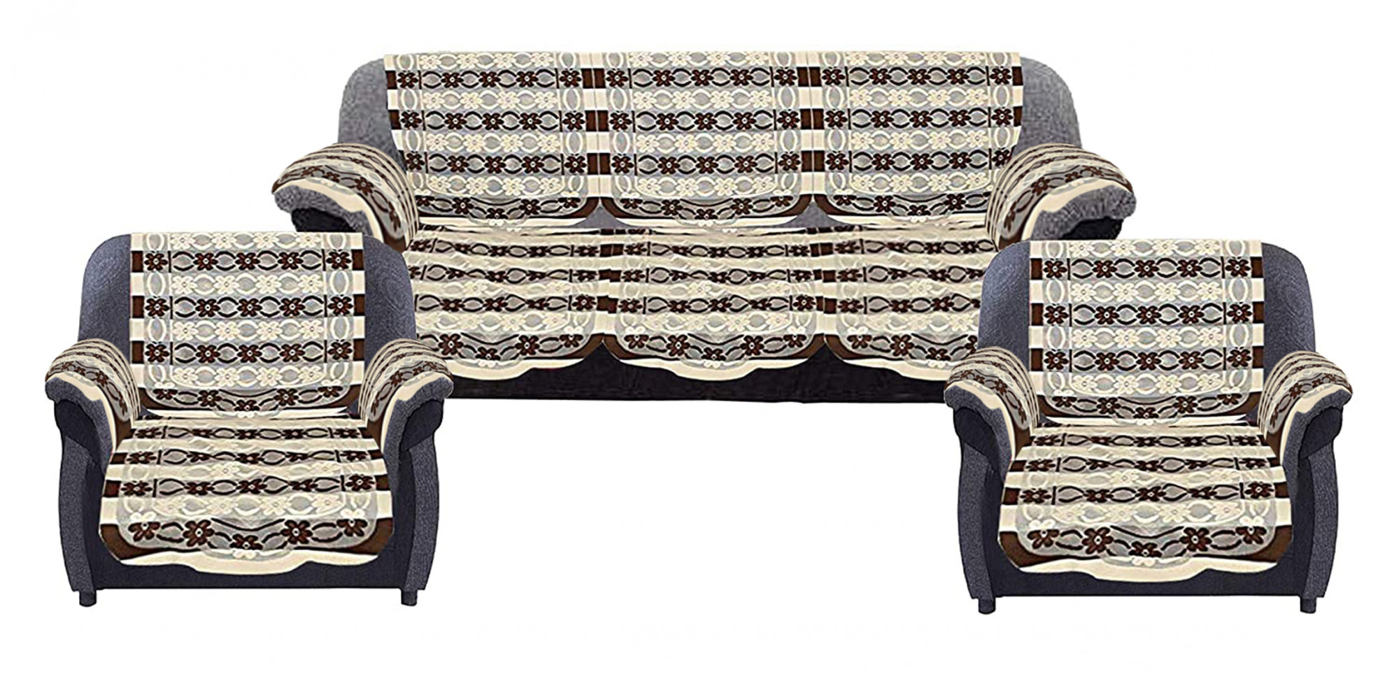Kuber Industries Floral Design Cotton 5 Seater Sofa Cover With 6 Pieces Arms cover And 1 Center Table Cover Use Both Side, Living Room, Drawing Room, Bedroom, Guest Room (Set Of17, Brown)-KUBMRT12047