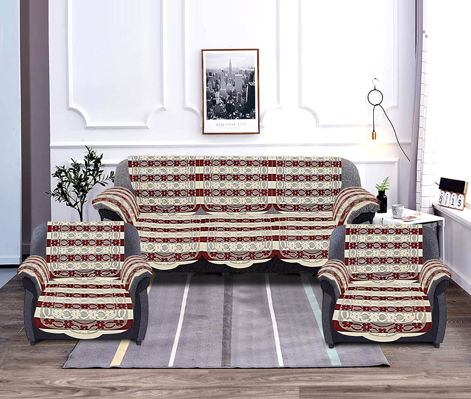 Kuber Industries Floral Design Cotton 5 Seater Sofa Cover With 6 Pieces Arms cover Use Both Side, Living Room, Drawing Room, Bedroom, Guest Room (Set Of16, Maroon)-KUBMRT11987