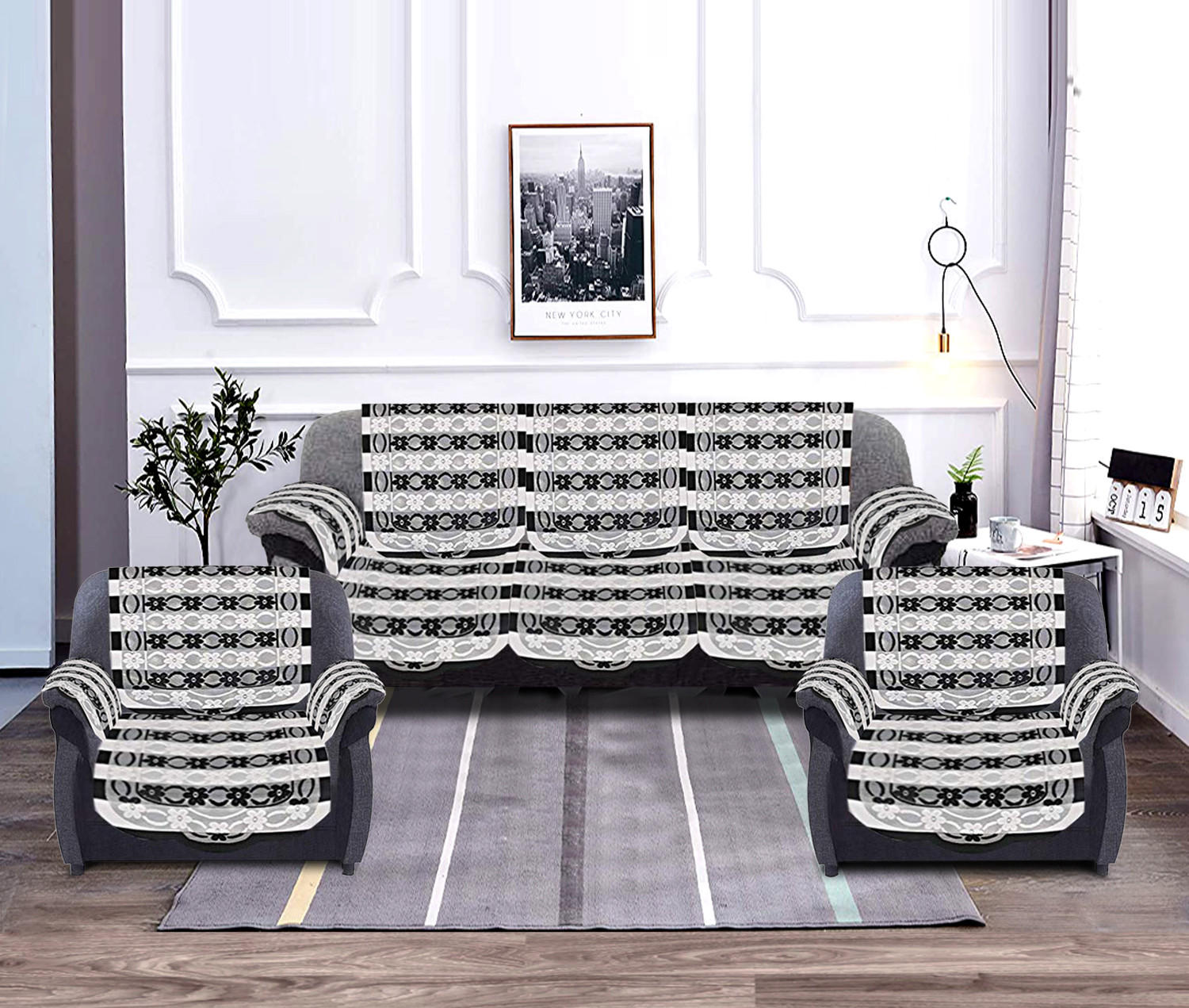 Kuber Industries Floral Design Cotton 5 Seater Sofa Cover With 6 Pieces Arms cover Use Both Side, Living Room, Drawing Room, Bedroom, Guest Room (Set Of16, Black)-KUBMRT11991