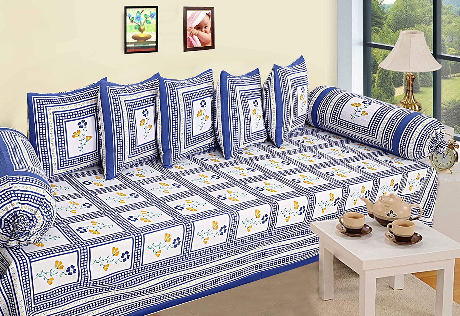 Kuber Industries Floral Design Cotton Diwan Set With 8 Pieces (Blue)