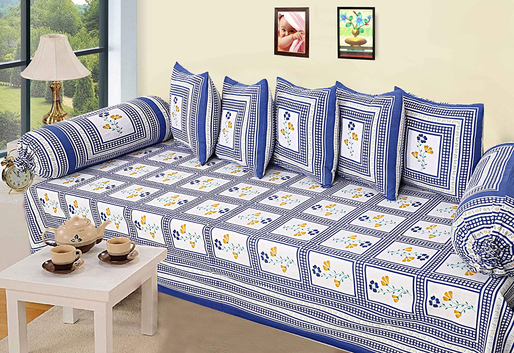 Kuber Industries Floral Design Cotton Diwan Set With 8 Pieces (Blue)