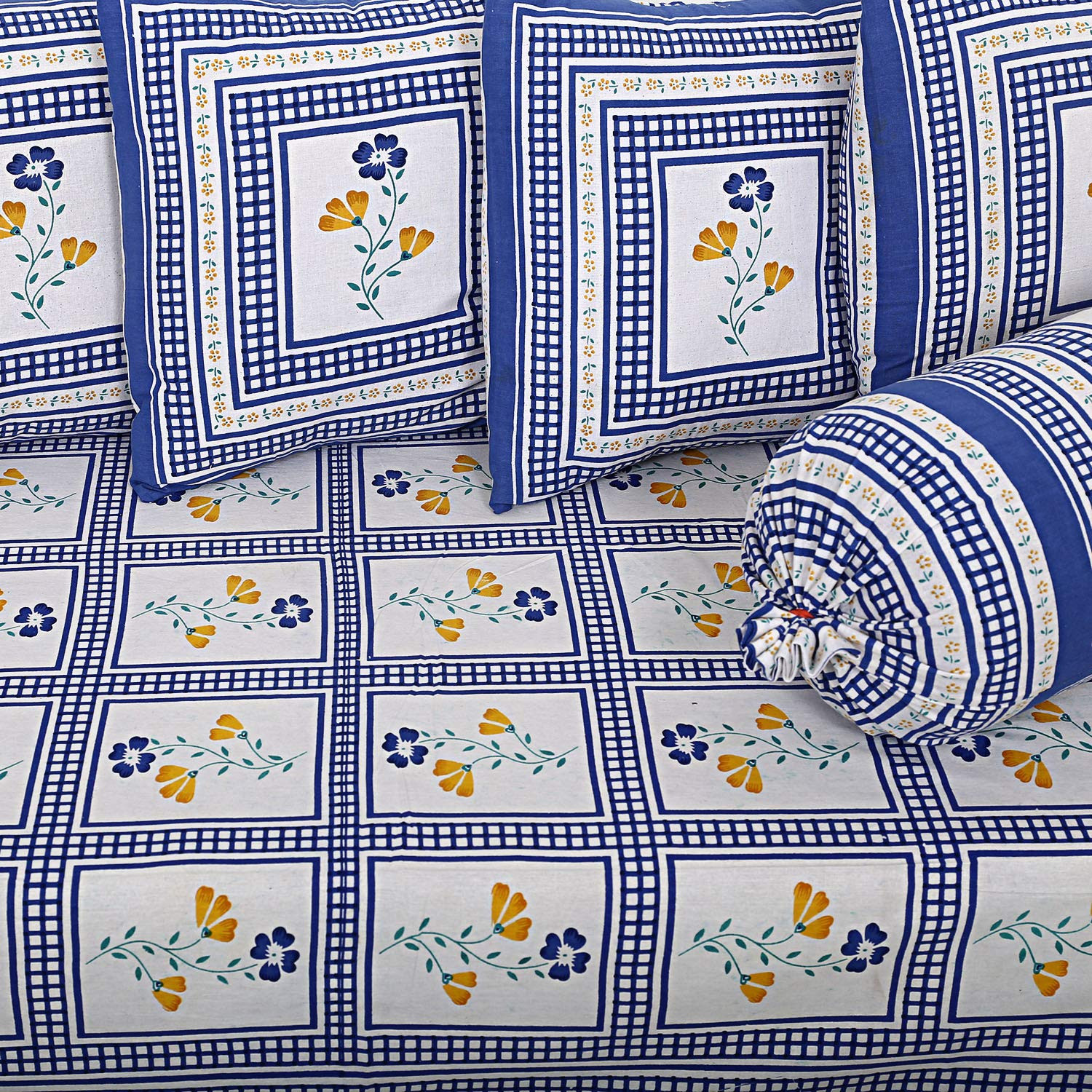 Kuber Industries Floral Design Cotton Diwan Set With 8 Pieces (Blue)