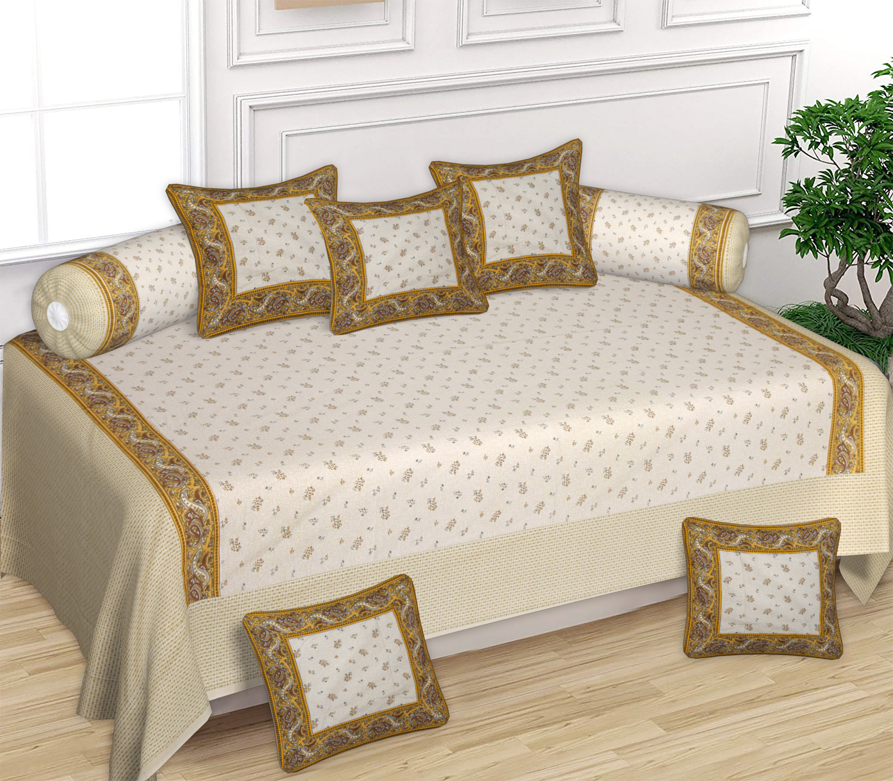Kuber Industries Floral Design Cotton Diwan Set With 8 Pieces (Cream)-HS_38_KUBMART21133