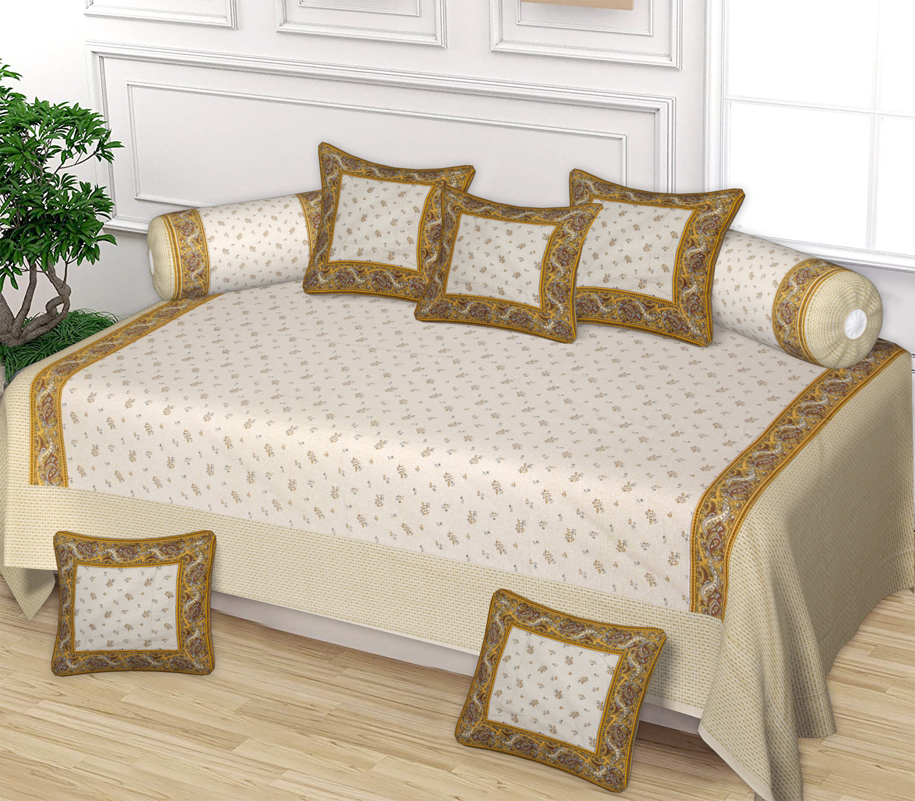 Kuber Industries Floral Design Cotton Diwan Set With 8 Pieces (Cream)-HS_38_KUBMART21133