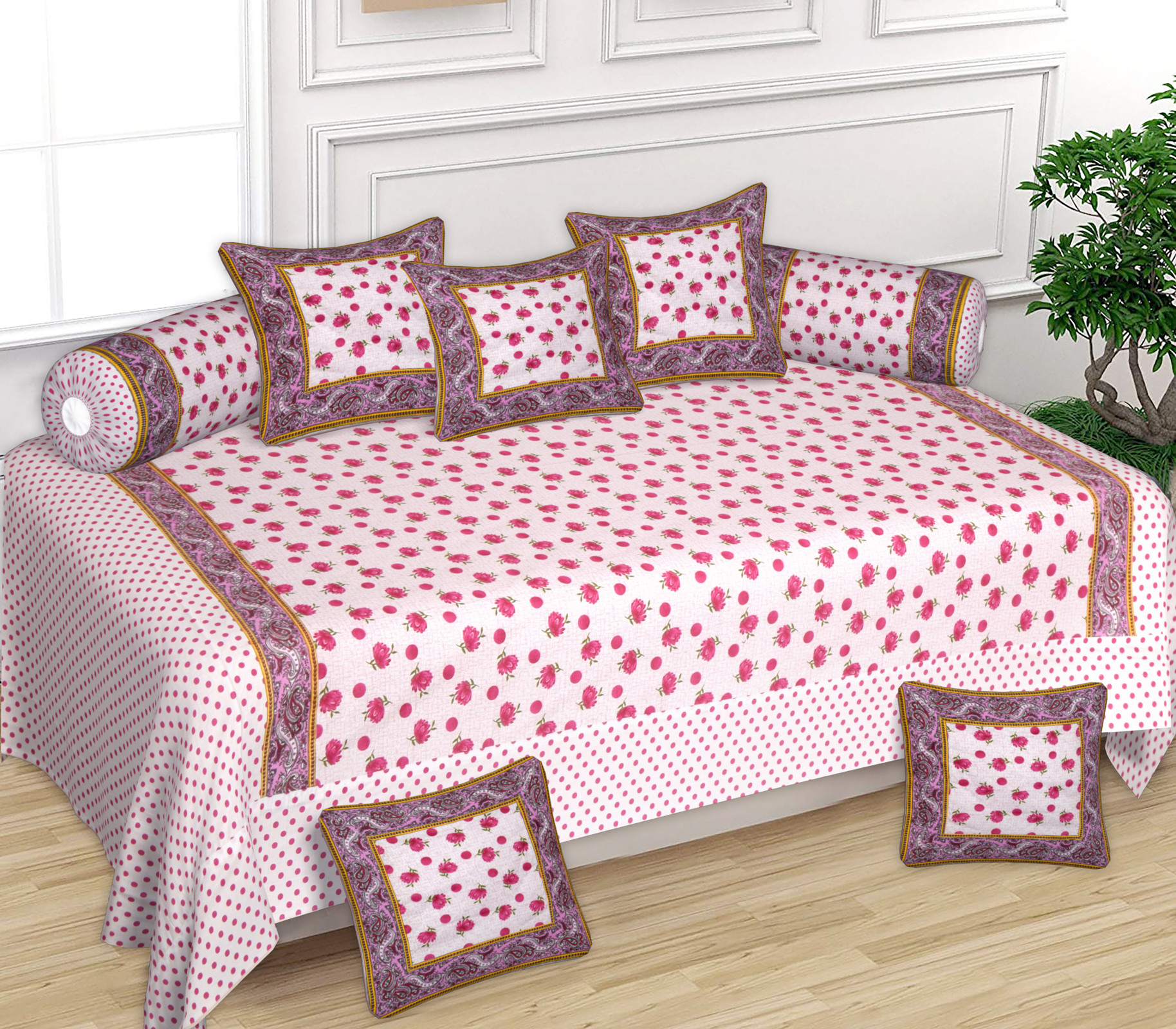 Kuber Industries Floral Design Cotton Diwan Set With 8 Pieces (Pink)-HS_38_KUBMART21135
