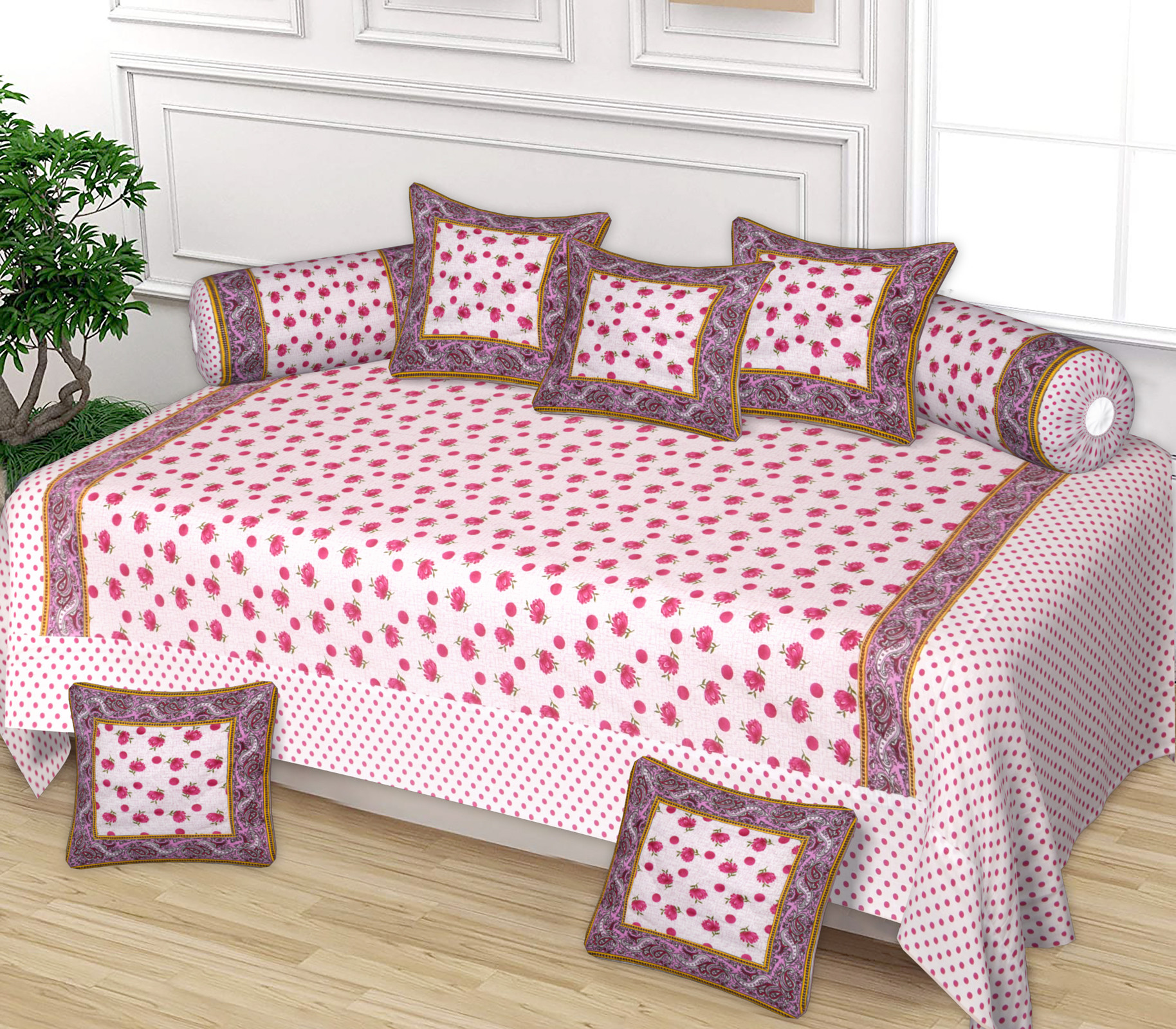 Kuber Industries Floral Design Cotton Diwan Set With 8 Pieces (Pink)-HS_38_KUBMART21135