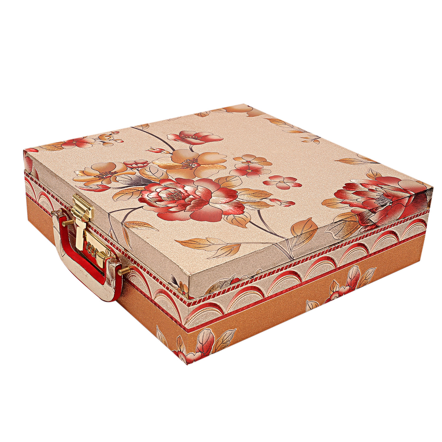 Kuber Industries Floral Design Wooden Four Rod Bangle Storage Box with Lock System (Gold) -CTKTC39398