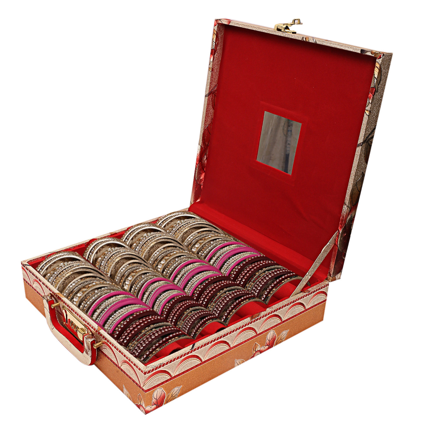 Kuber Industries Floral Design Wooden Four Rod Bangle Storage Box with Lock System (Gold) -CTKTC39398