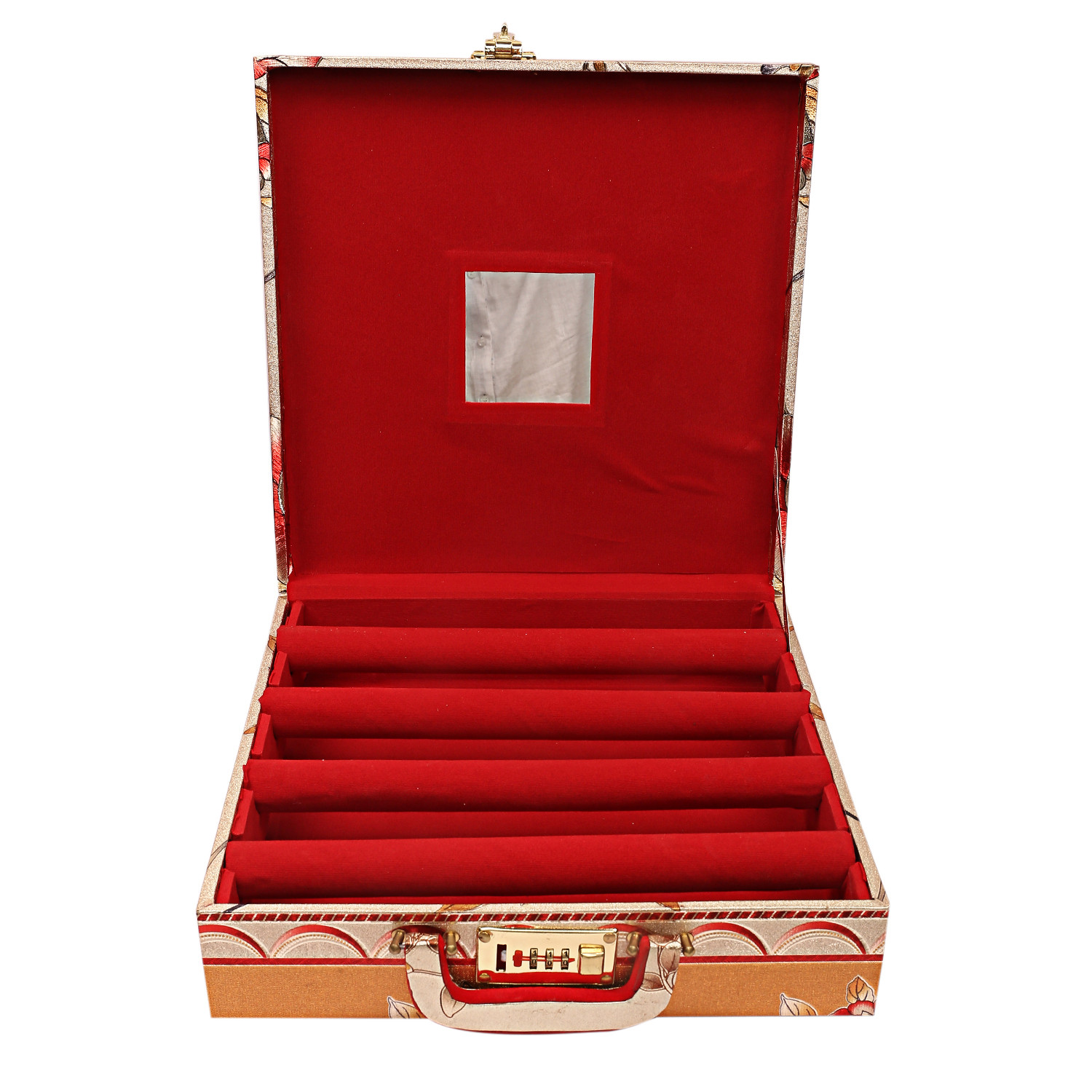 Kuber Industries Floral Design Wooden Four Rod Bangle Storage Box with Lock System (Gold) -CTKTC39398