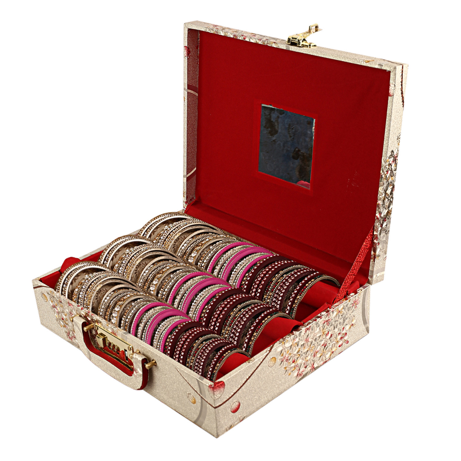 Kuber Industries Floral Design Wooden Three Rod Bangle Storage Box with Lock System (Gold) -CTKTC39394