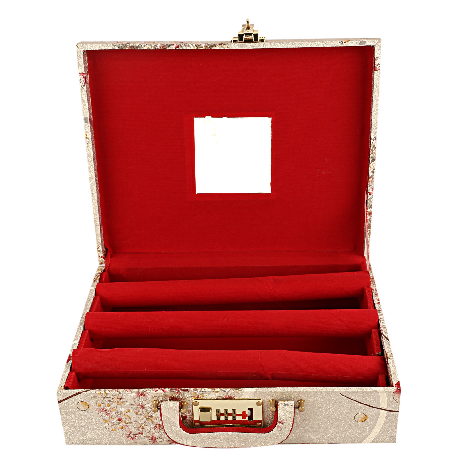 Kuber Industries Floral Design Wooden Three Rod Bangle Storage Box with Lock System (Gold) -CTKTC39394