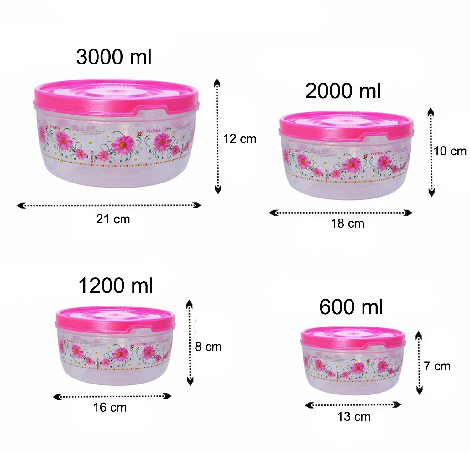 Kuber Industries Floral Microwave Safe Transparent Plastic Food Storage Containers Kitchen Containers With Airtight Lid, Set of 4 (Pink)