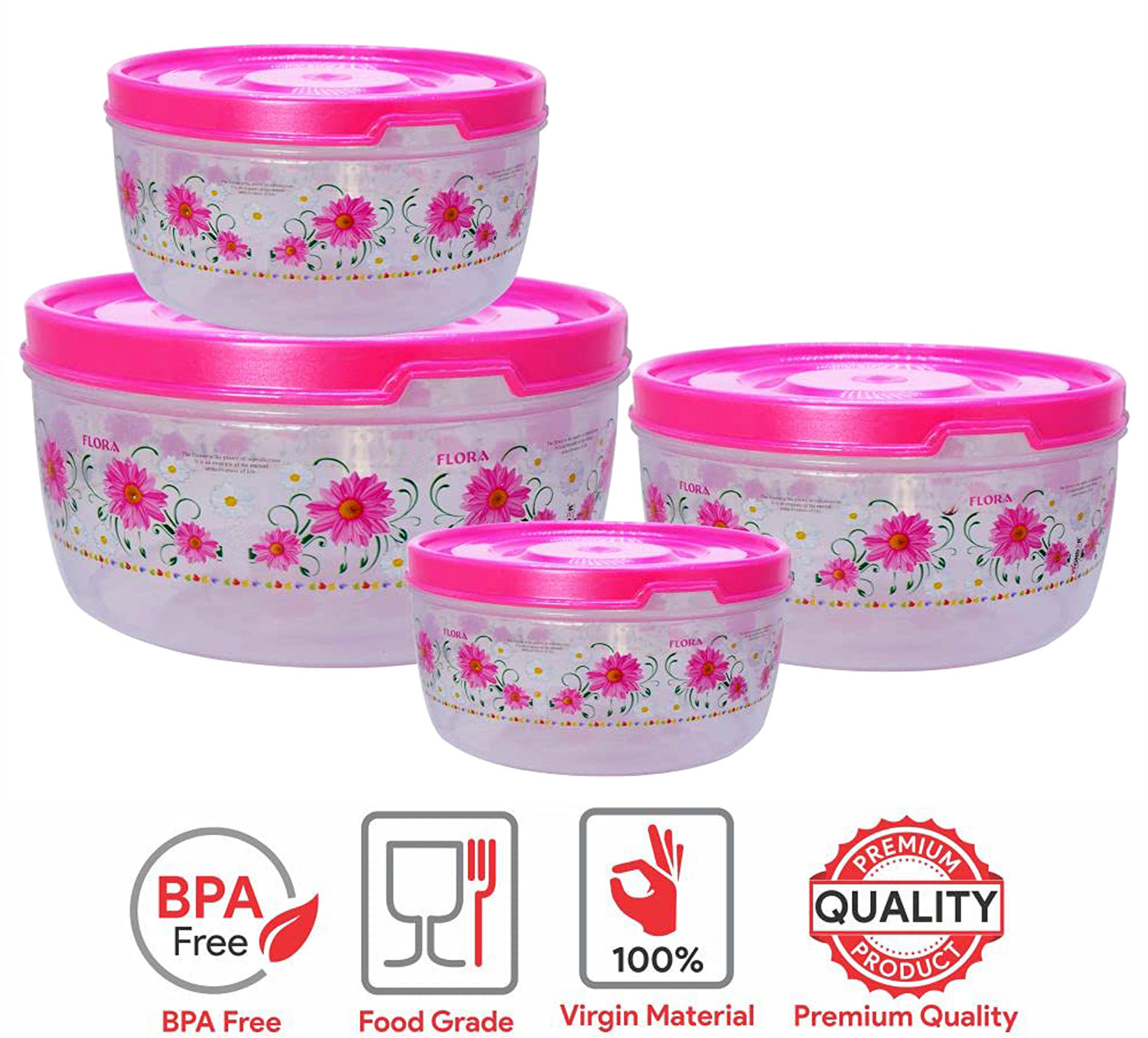 Kuber Industries Floral Microwave Safe Transparent Plastic Food Storage Containers Kitchen Containers With Airtight Lid, Set of 4 (Pink)