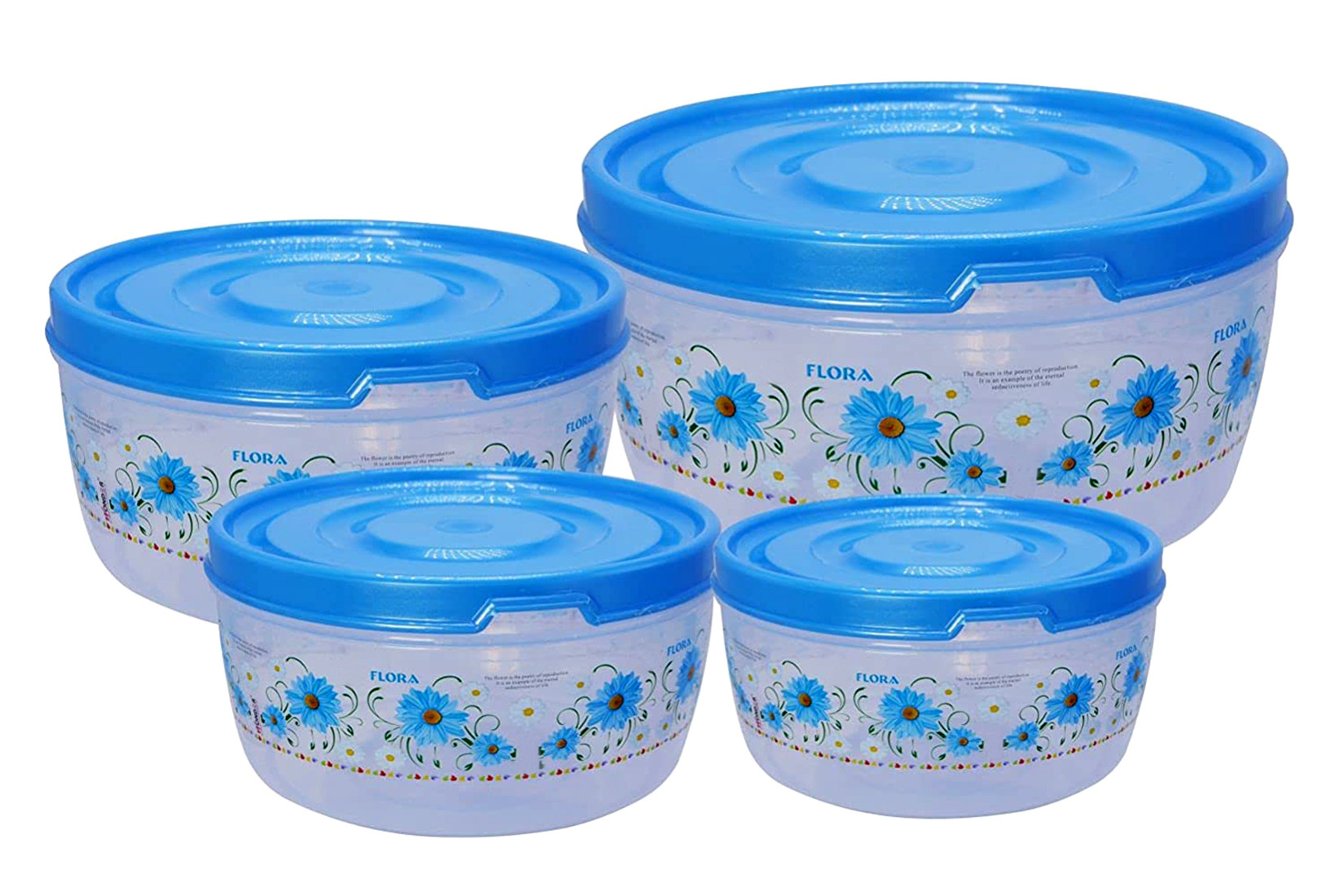 Kuber Industries Floral Microwave Safe Transparent Plastic Food Storage Containers Kitchen Containers With Airtight Lid, Set of 4 (Blue)