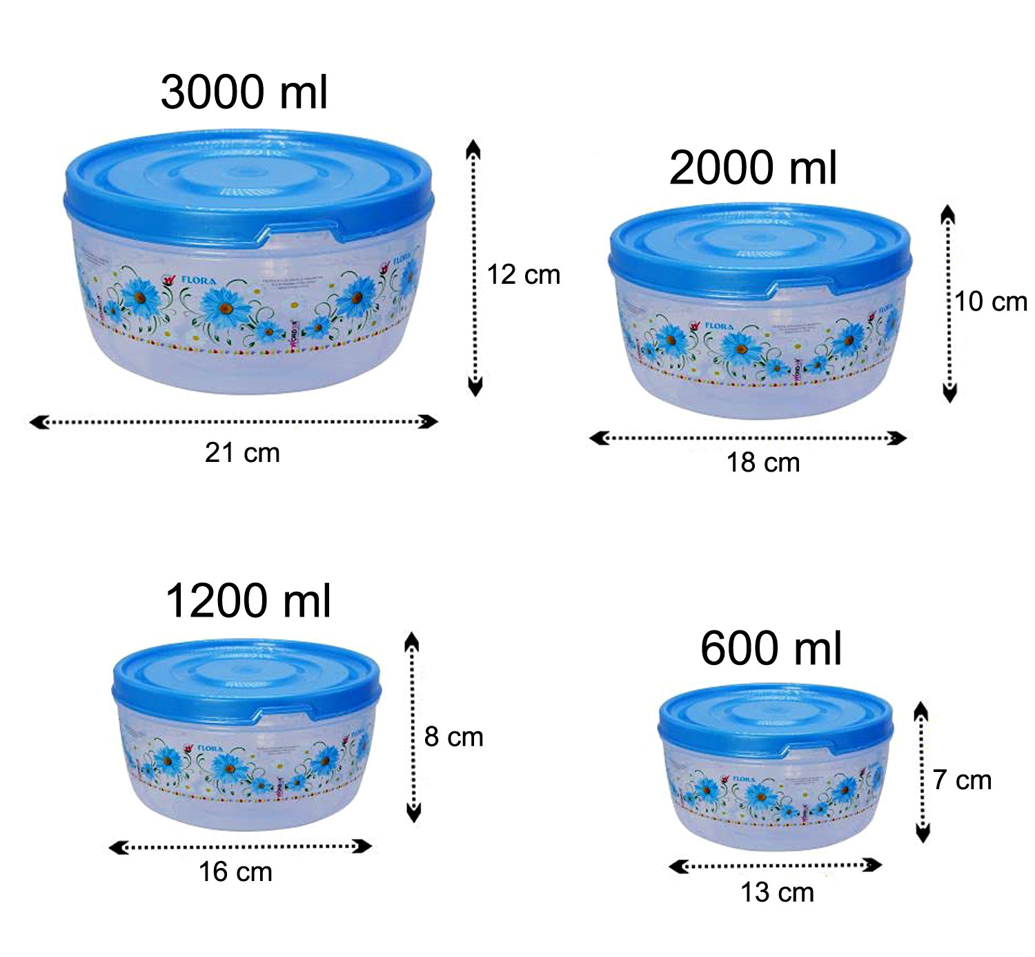 Kuber Industries Floral Microwave Safe Transparent Plastic Food Storage Containers Kitchen Containers With Airtight Lid, Set of 4 (Blue)
