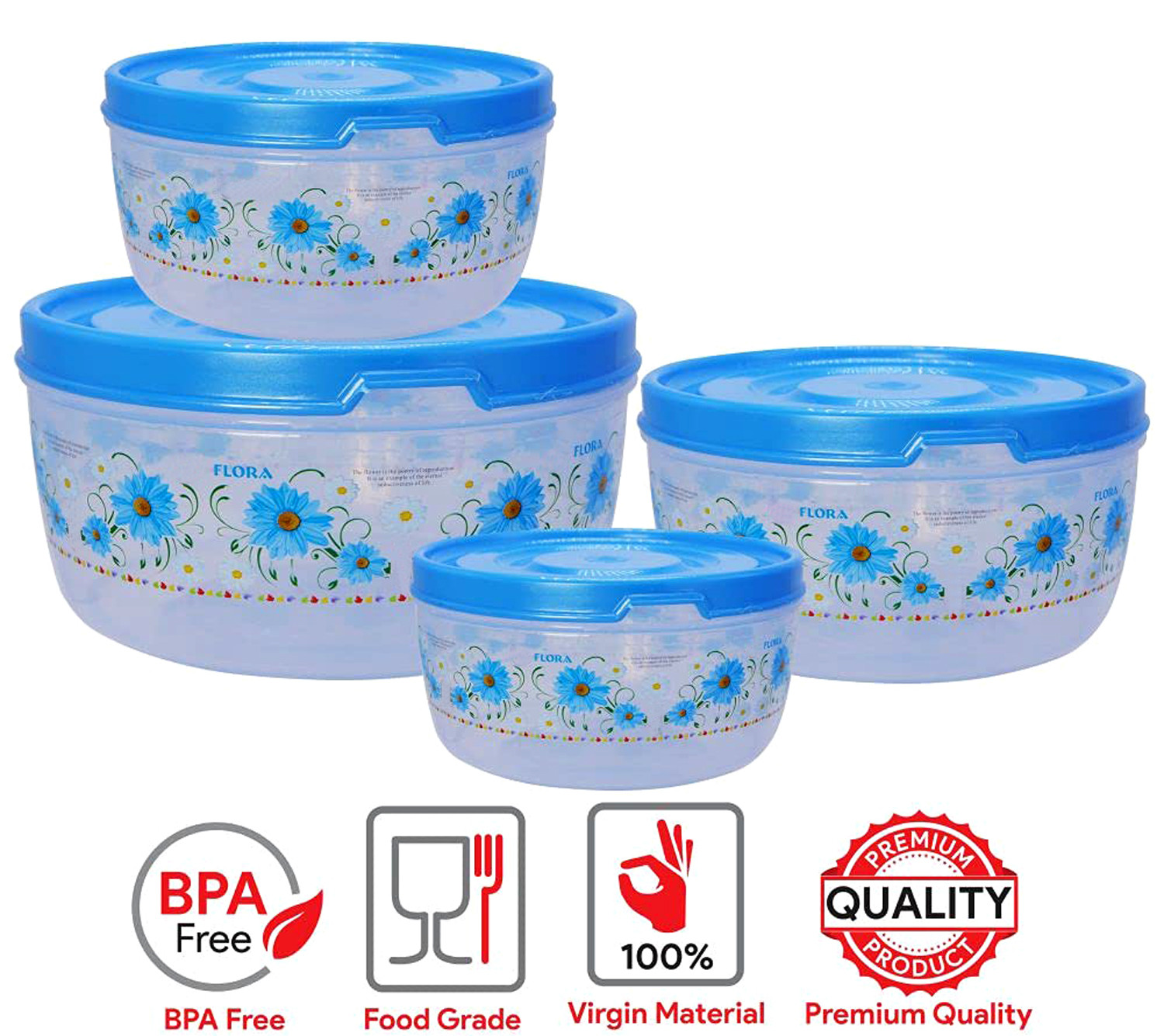 Kuber Industries Floral Microwave Safe Transparent Plastic Food Storage Containers Kitchen Containers With Airtight Lid, Set of 4 (Blue)