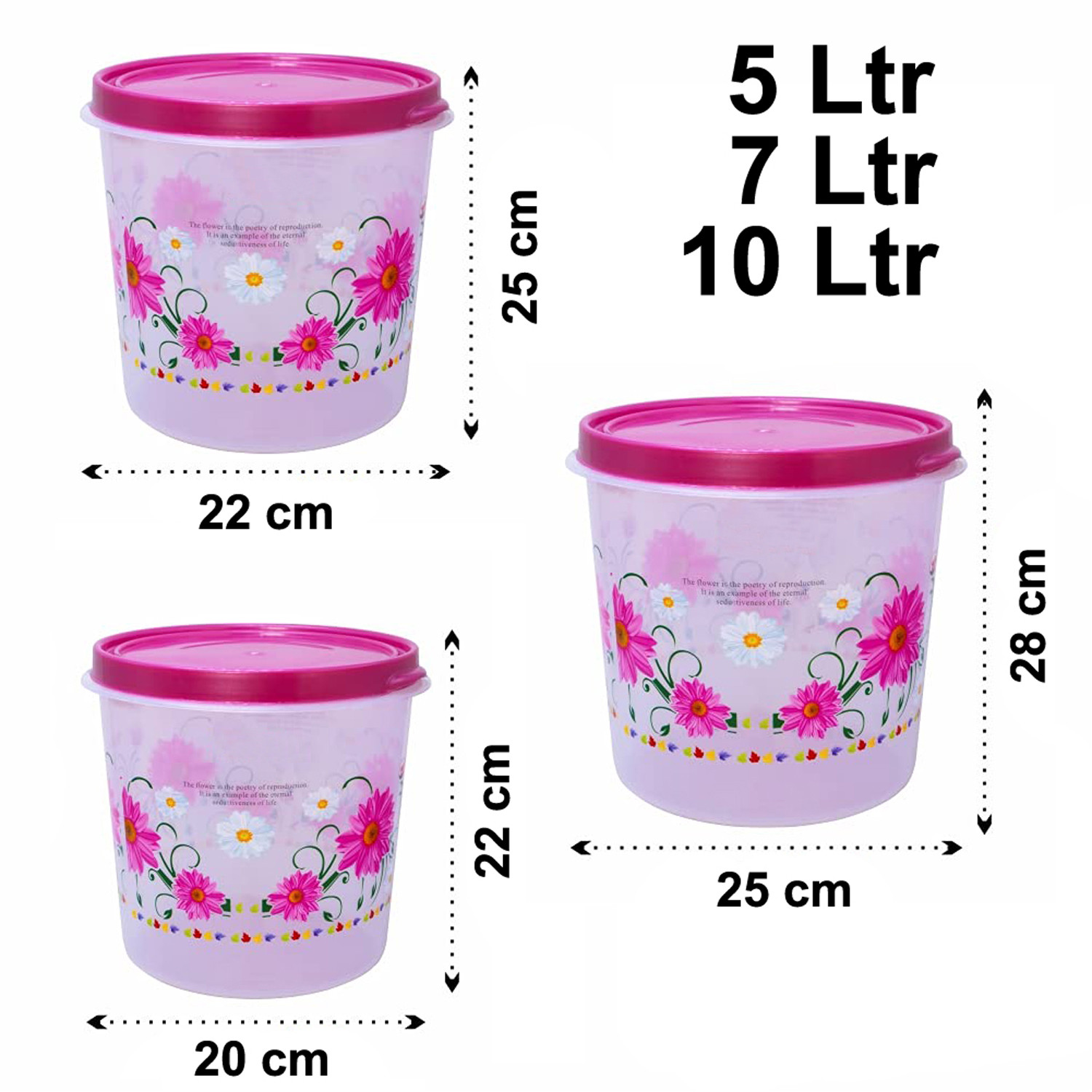 Kuber Industries Floral Plastic Airtight  Food Storage Containers, Kitchen Storage Containers For Food, Flour, Sugar, Baking Supplies, Set of 3 (Pink)