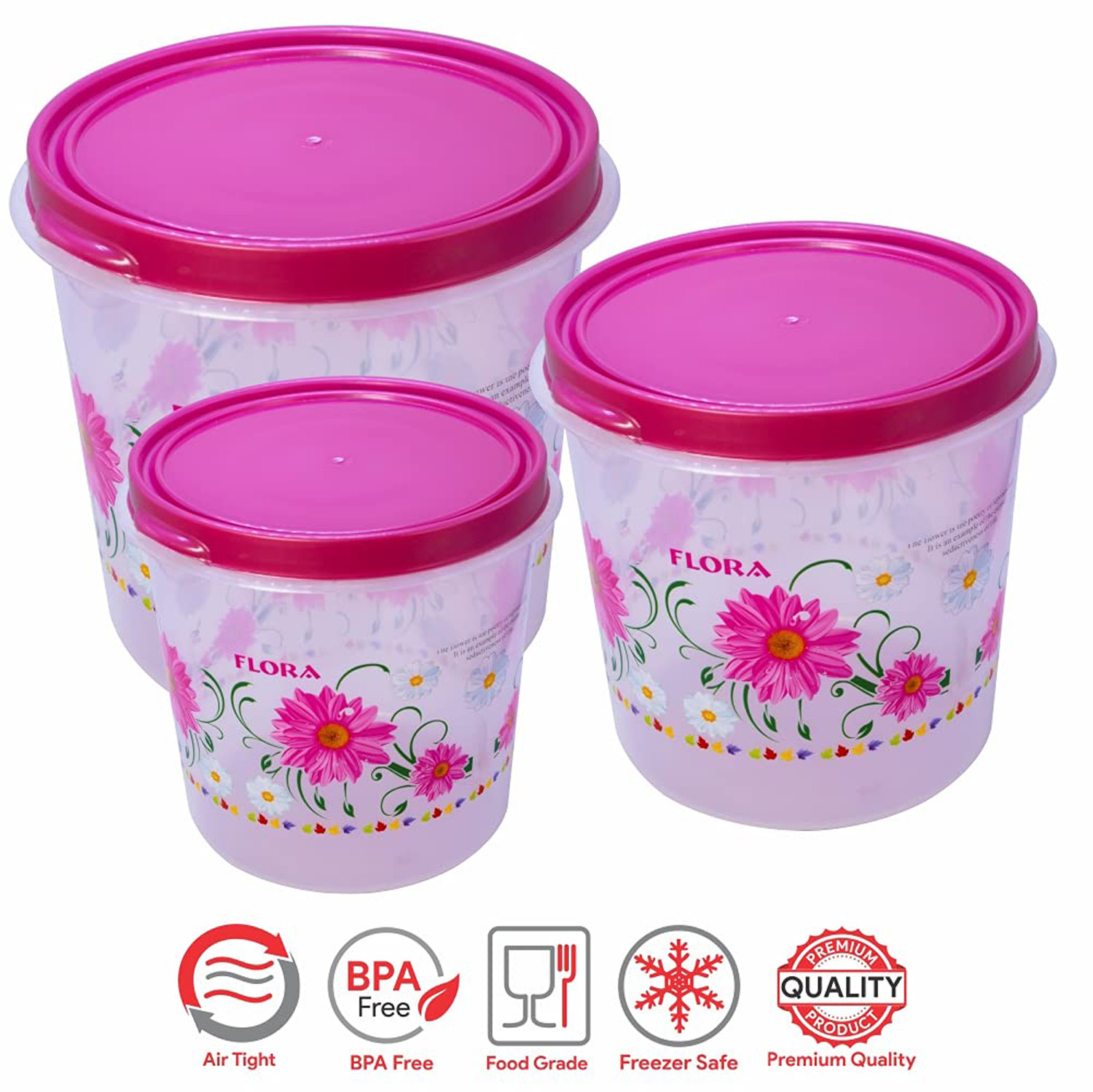 Kuber Industries Floral Plastic Airtight  Food Storage Containers, Kitchen Storage Containers For Food, Flour, Sugar, Baking Supplies, Set of 3 (Pink)