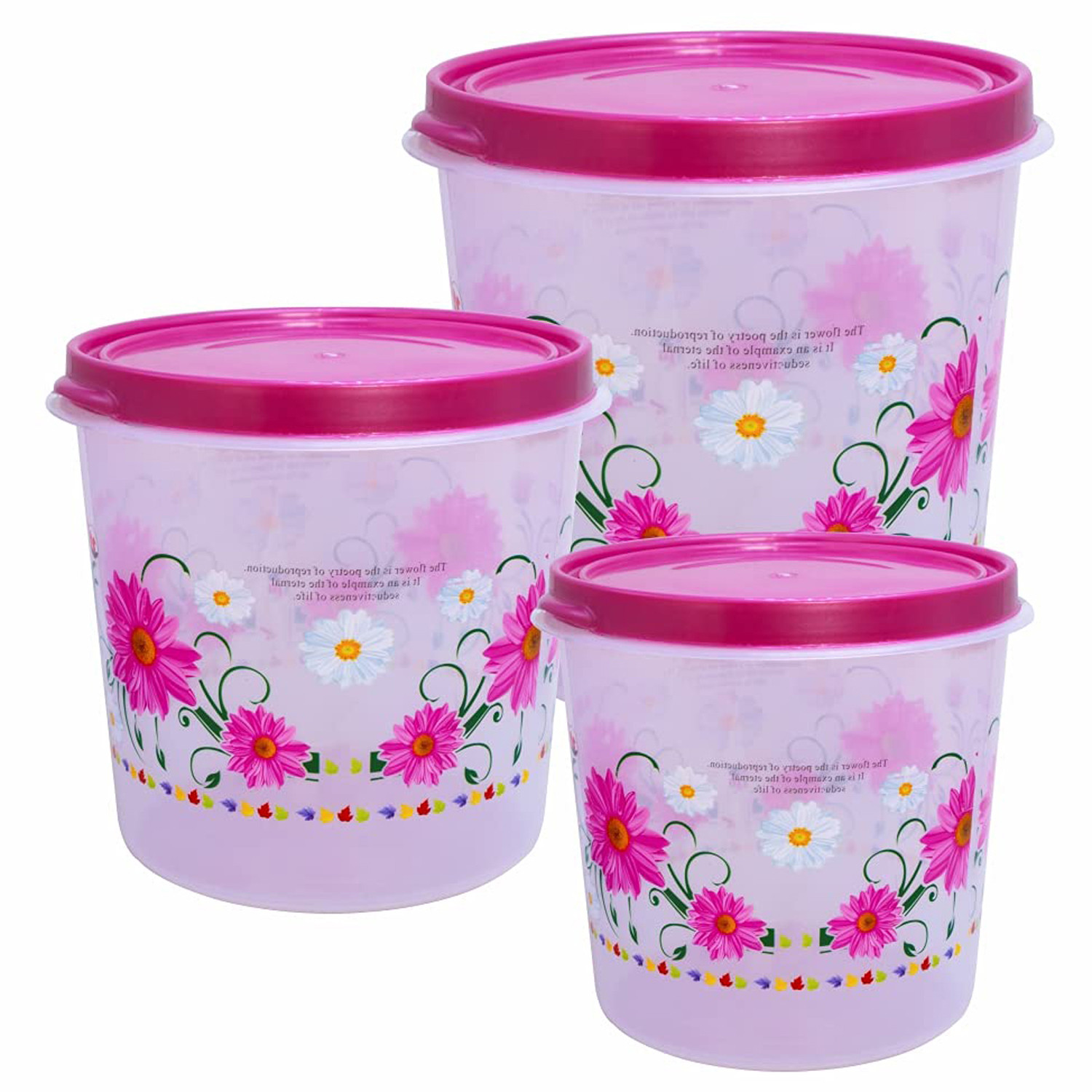 Kuber Industries Floral Plastic Airtight  Food Storage Containers, Kitchen Storage Containers For Food, Flour, Sugar, Baking Supplies, Set of 3 (Pink)